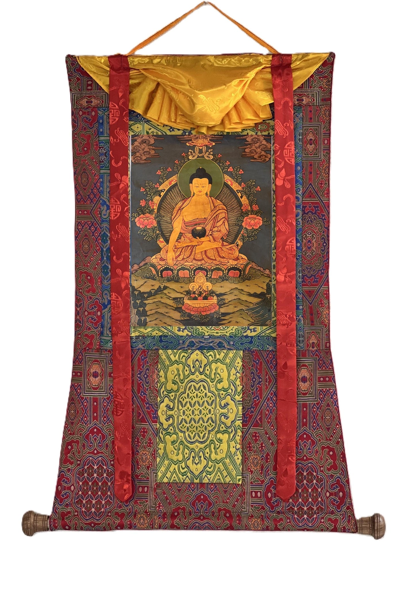 Hand-Painted Shakyamuni Buddha Thangka – Oil Varnished, Silk Brocade