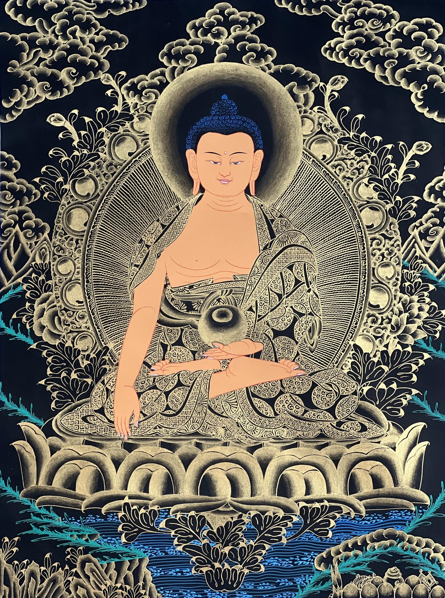 Hand-Painted Shakyamuni Buddha Thangka with Silk Brocade
