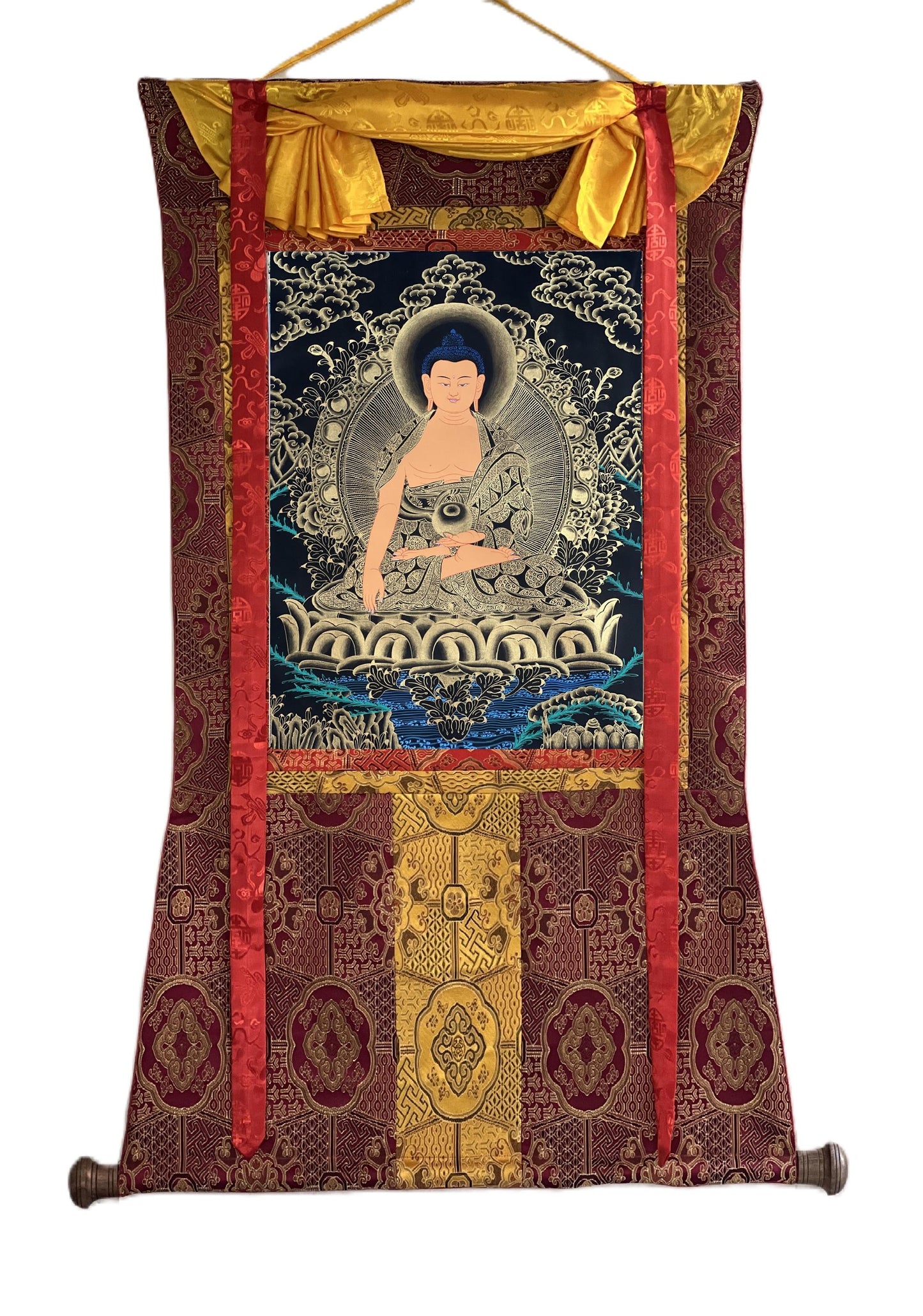 Hand-Painted Shakyamuni Buddha Thangka with Silk Brocade