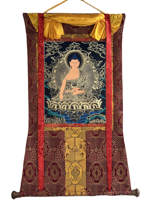 Hand-Painted Shakyamuni Buddha Thangka with Silk Brocade
