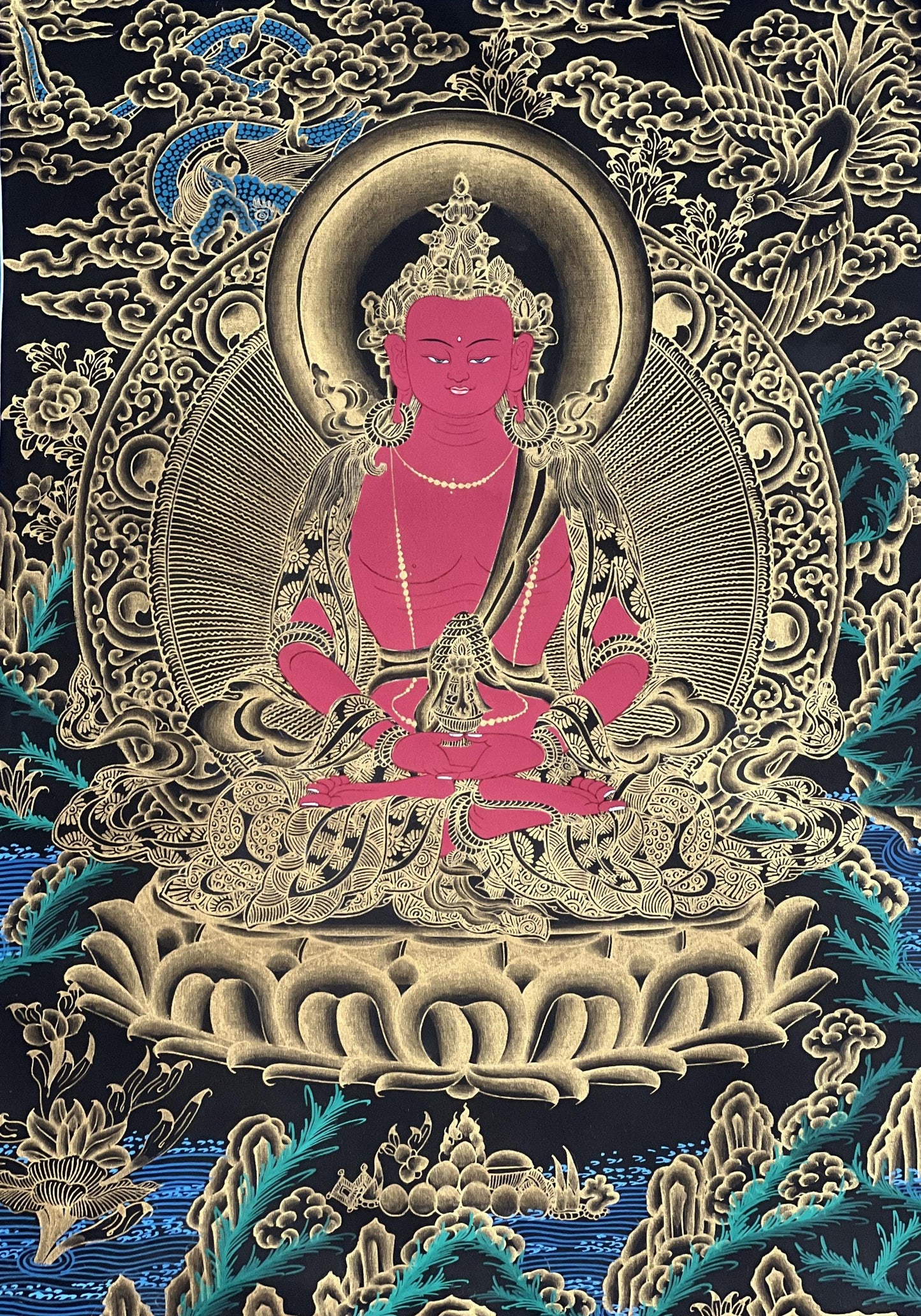 Hand-Painted Buddha Amitayus Thangka with Silk Brocade