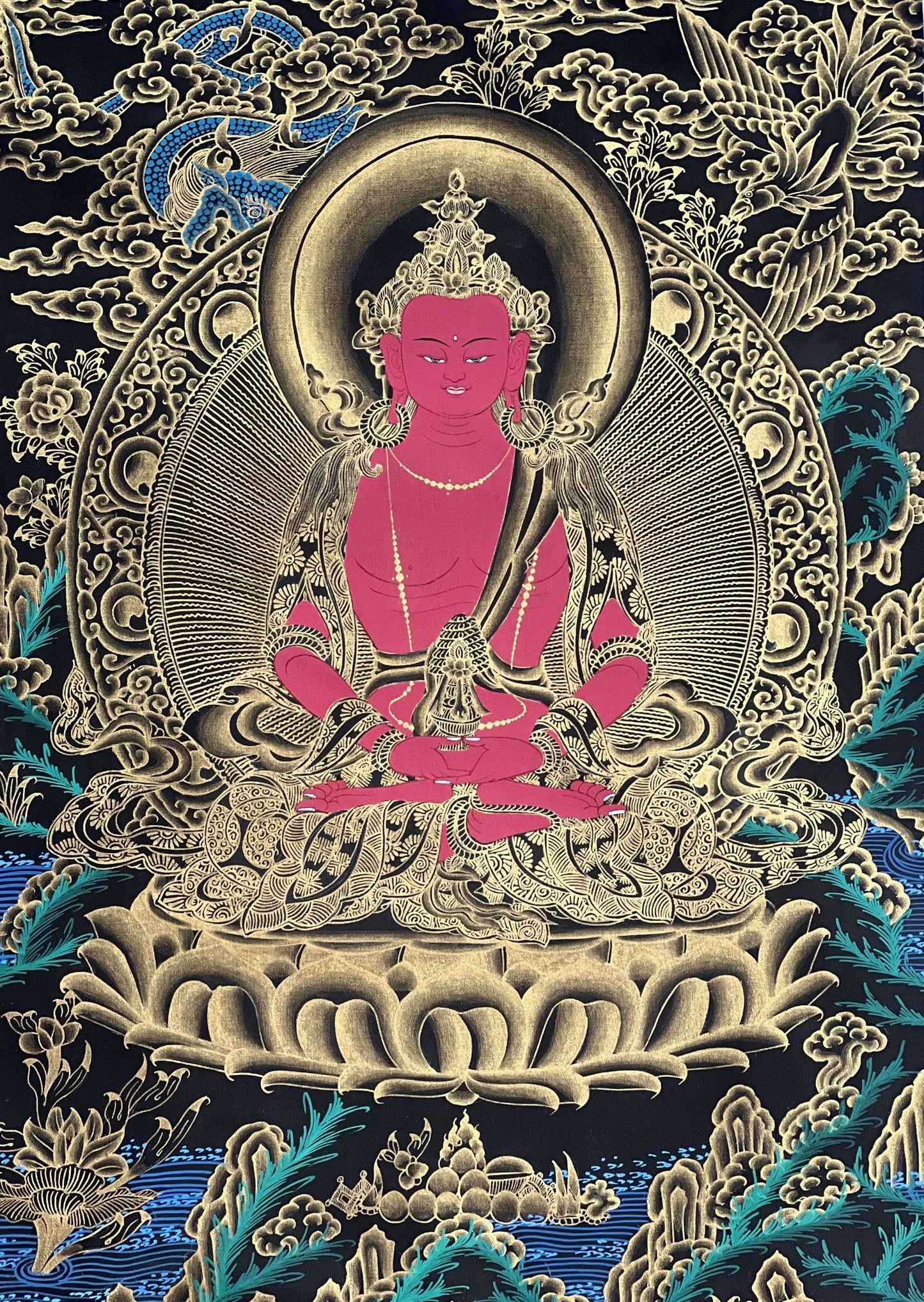 Hand-Painted Buddha Amitayus Thangka with Silk Brocade