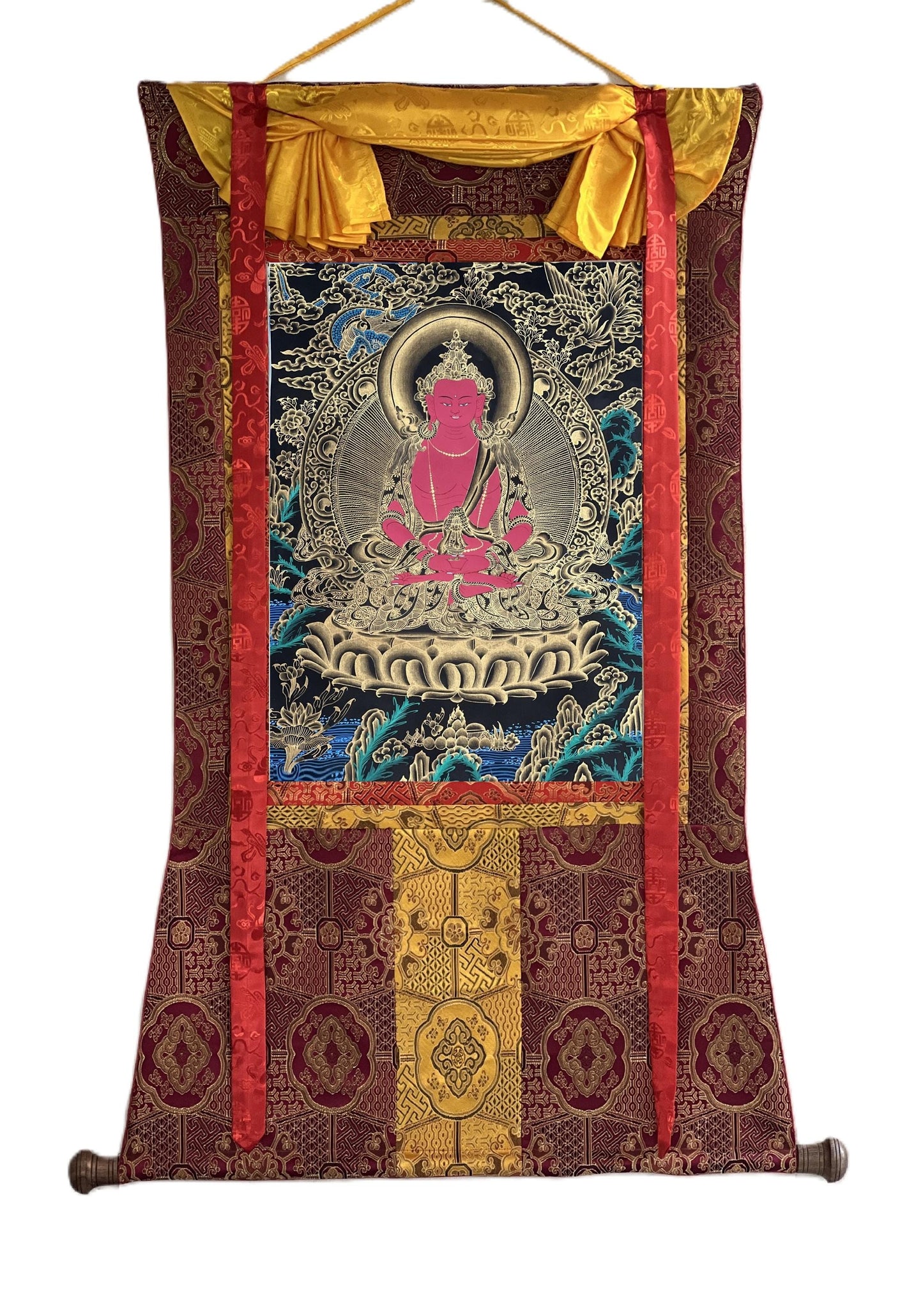 Hand-Painted Buddha Amitayus Thangka with Silk Brocade