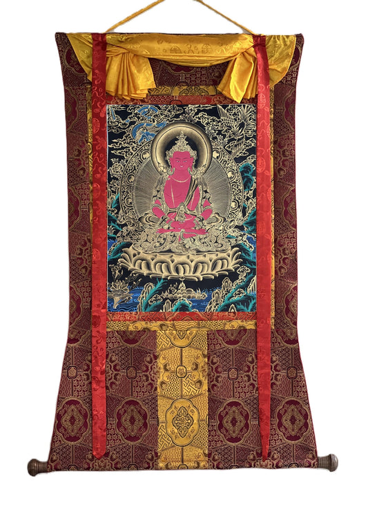 Hand-Painted Buddha Amitayus Thangka with Silk Brocade