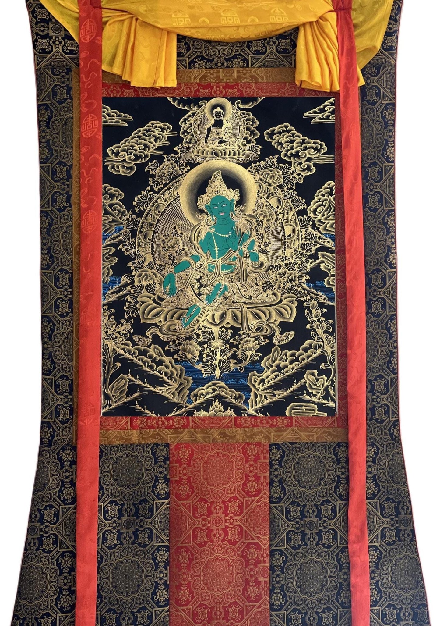 Green Tara Thangka Painting: Hand-Painted Tibetan Silk Brocade