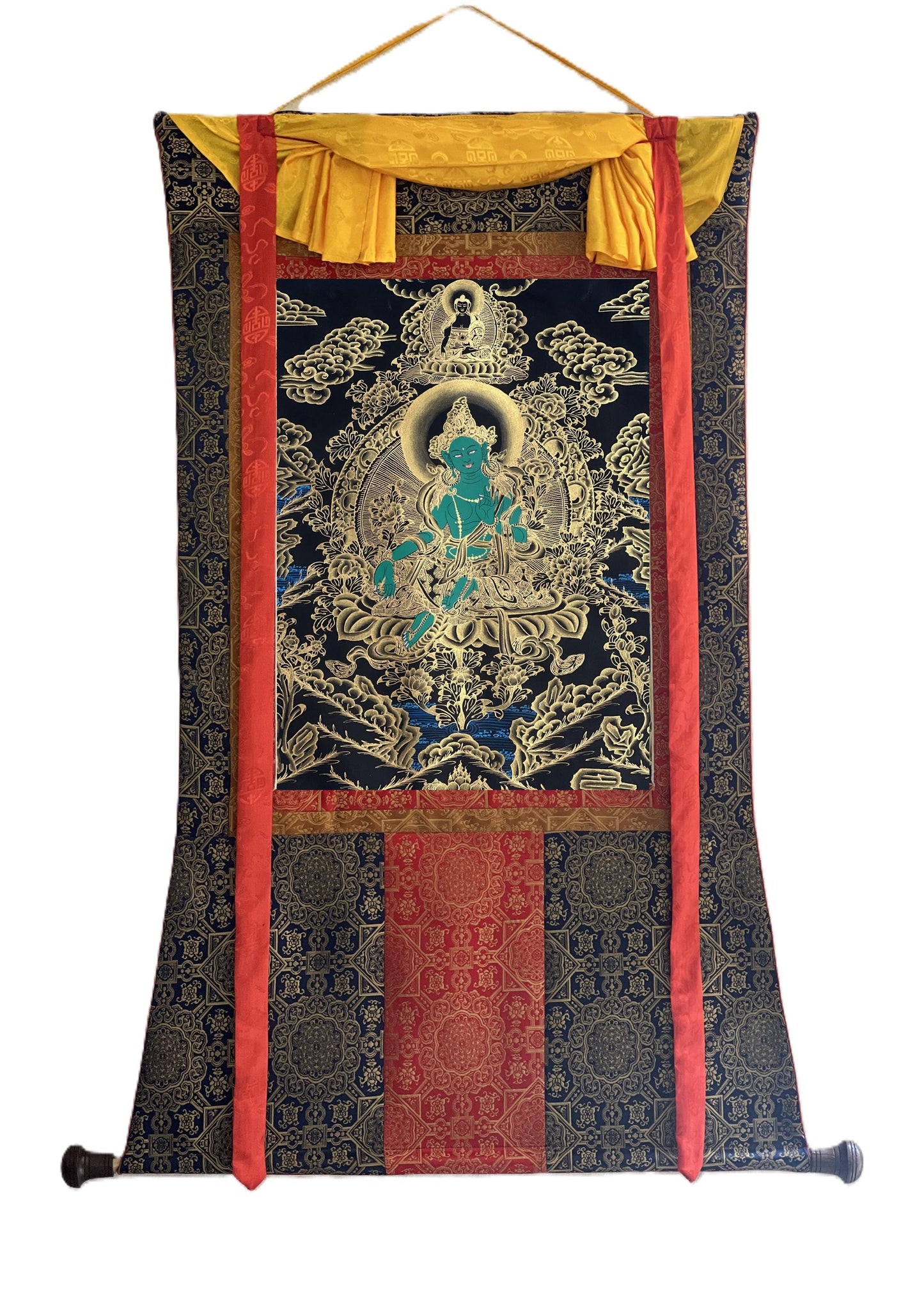 Green Tara Thangka Painting: Hand-Painted Tibetan Silk Brocade
