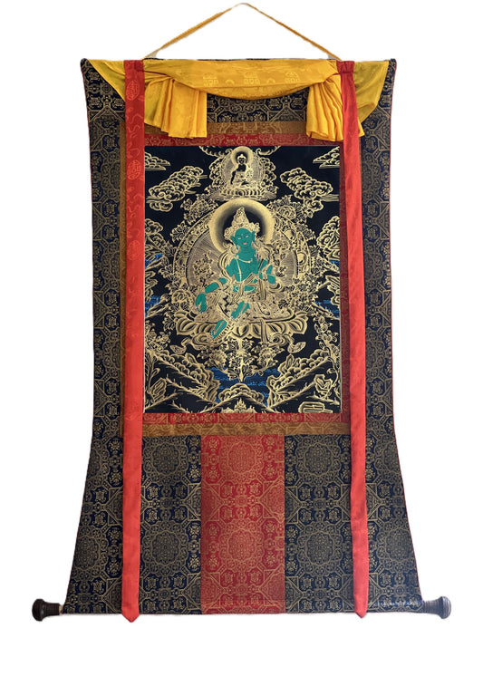 Green Tara Thangka Painting: Hand-Painted Tibetan Silk Brocade
