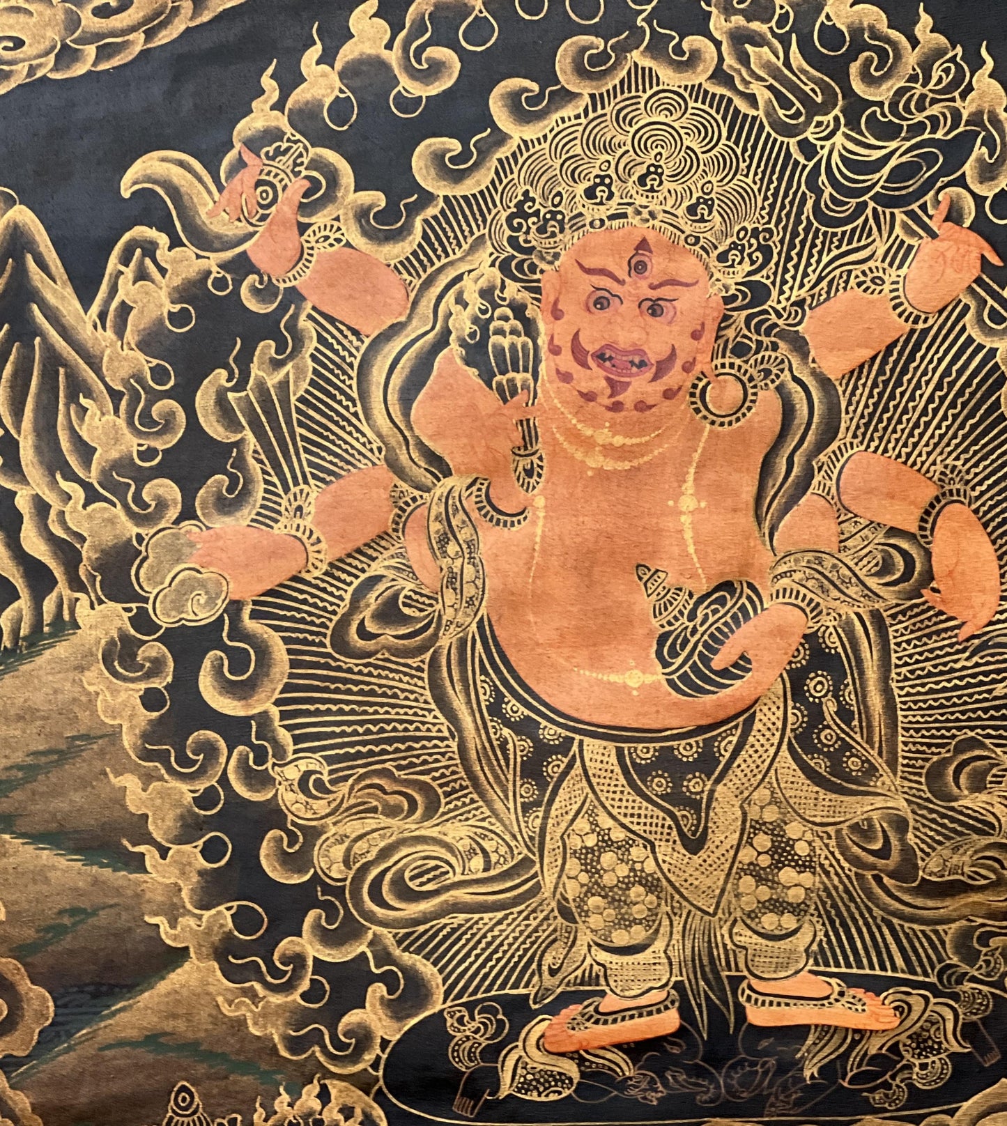 Hand-Painted White Mahakala Thangka with Silk Brocade - Six-Armed Wish-Granting Tibetan Protector Deity- Oil Varnished