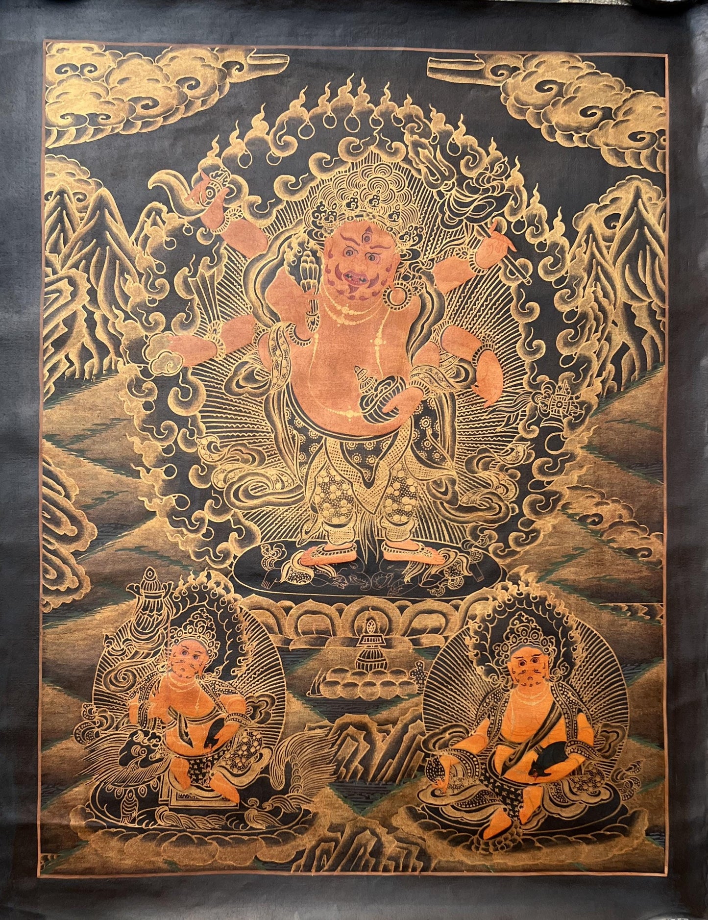 Hand-Painted White Mahakala Thangka with Silk Brocade - Six-Armed Wish-Granting Tibetan Protector Deity- Oil Varnished