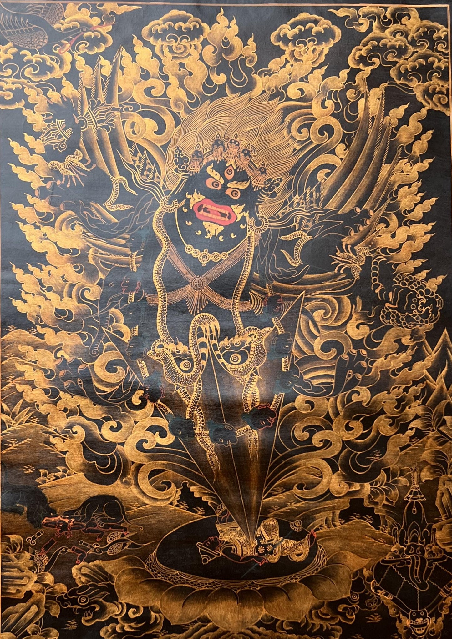 Guru Dragpo Thangka | Hand-Painted Wrathful Padmasambhava | Oil Varnished Painting with Silk Brocade
