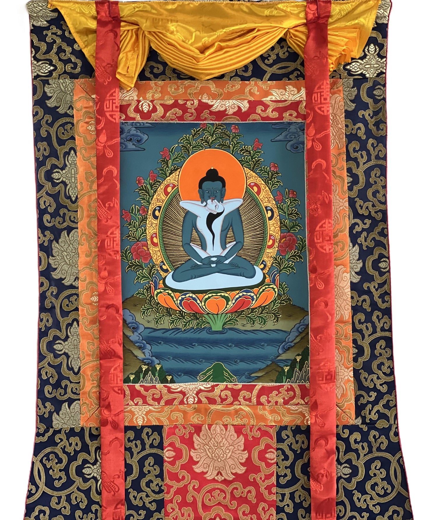 Original Hand-painted Samantabhadra/ Buddha Shakti/ Tantric Buddha Tibetan Thangka Painting With Silk Brocade
