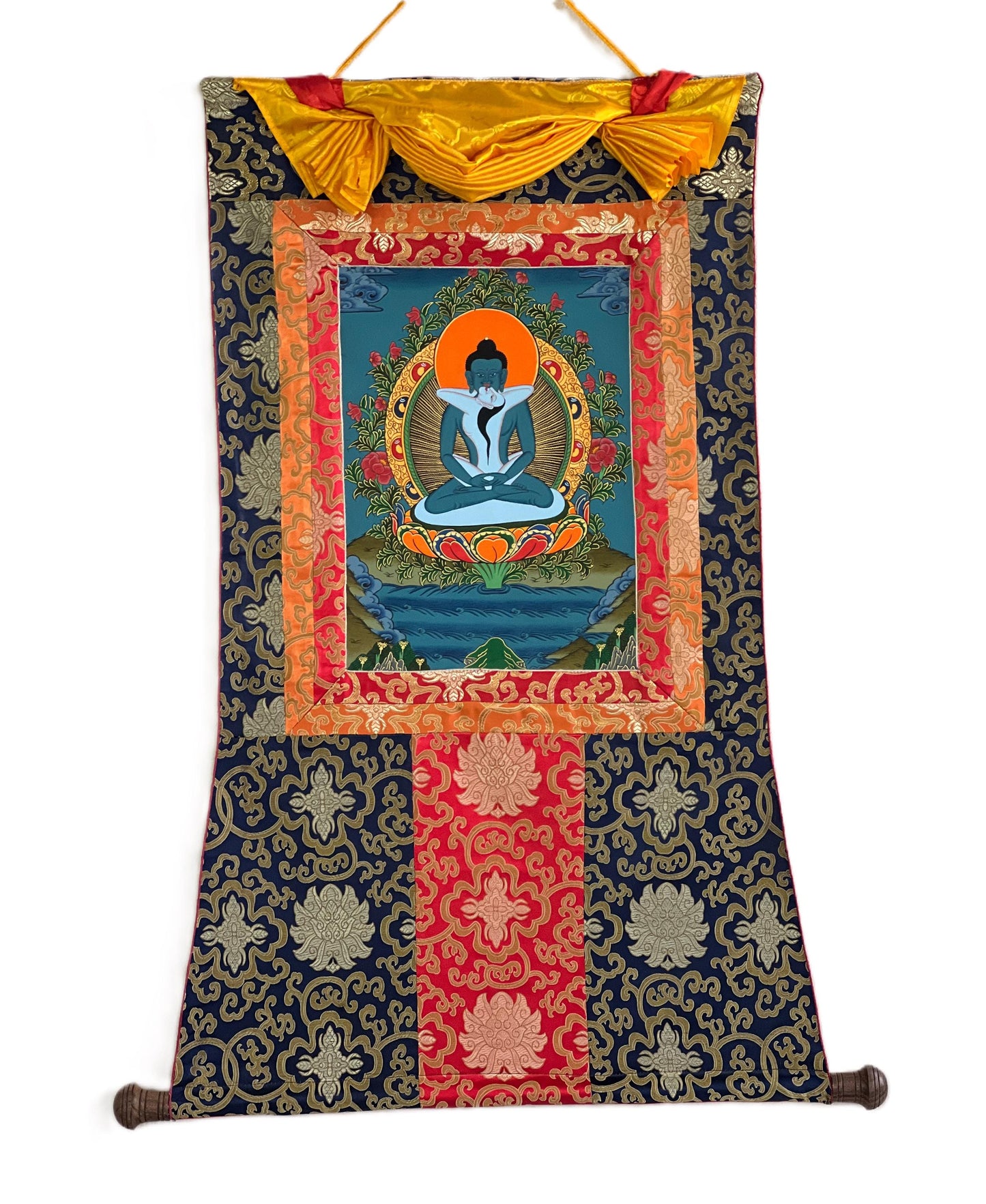 Original Hand-painted Samantabhadra/ Buddha Shakti/ Tantric Buddha Tibetan Thangka Painting With Silk Brocade
