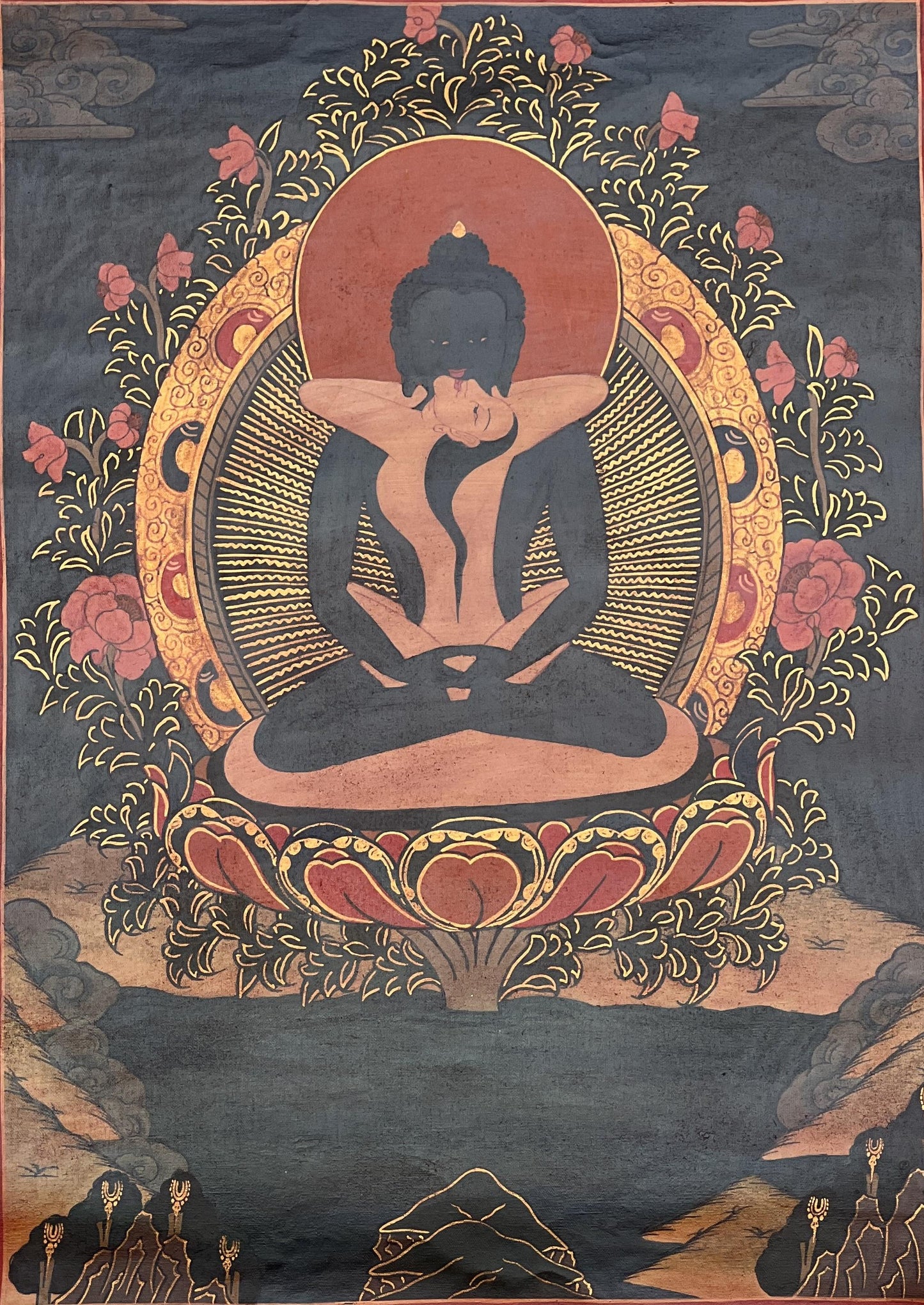 Hand-painted Samantabhadra Thangka – Tibetan Buddhist Art with Silk Brocade
