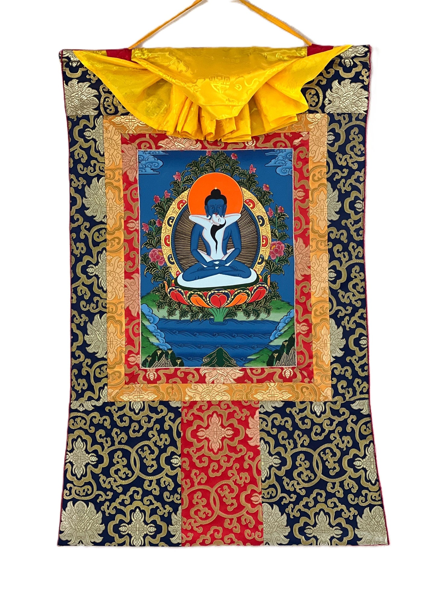Original Hand-painted Samantabhadra/ Buddha Shakti/ Tantra Buddha Tibetan Thangka Painting with Silk Brocade