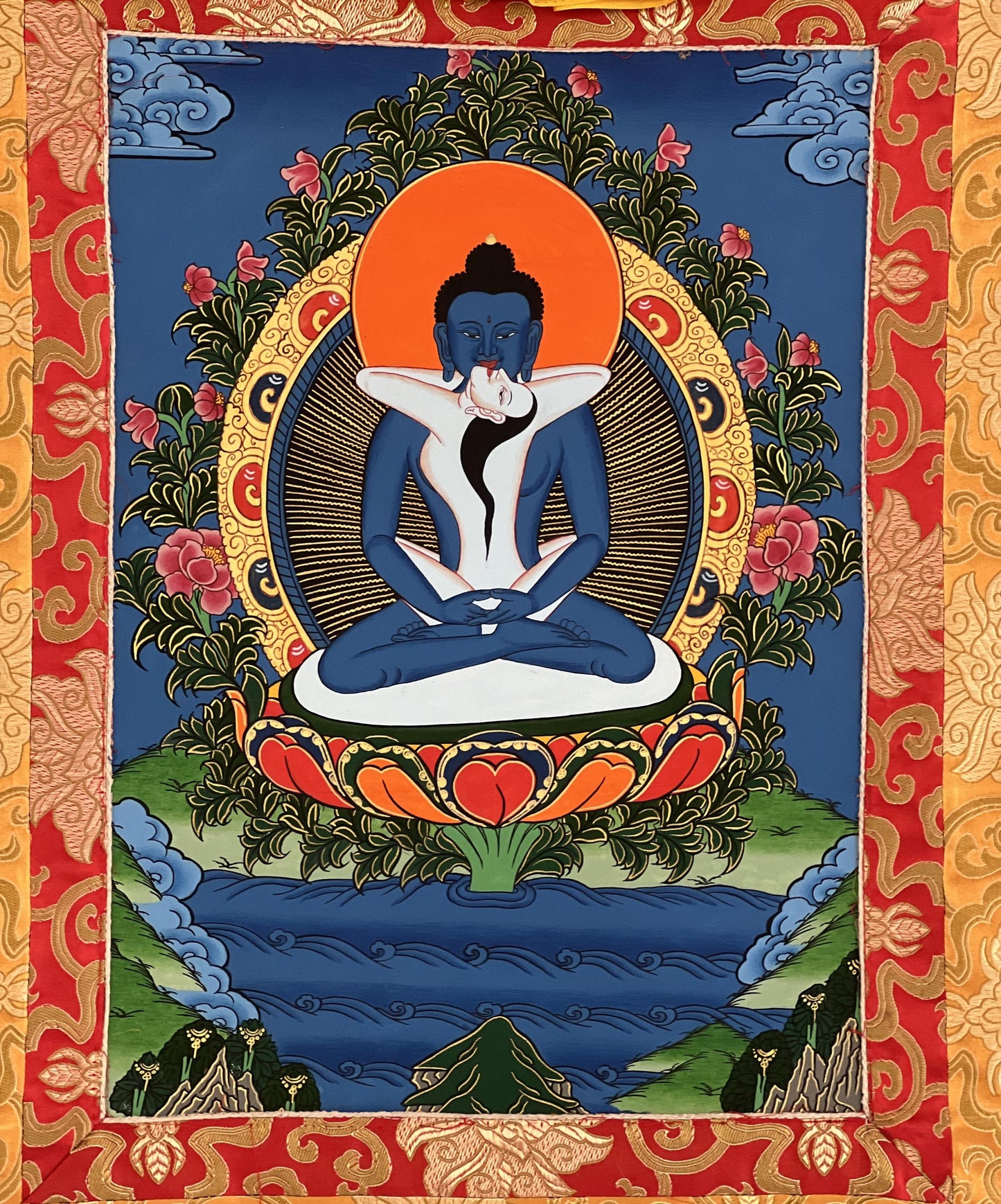 Original Hand-painted Samantabhadra/ Buddha Shakti/ Tantra Buddha Tibetan Thangka Painting with Silk Brocade