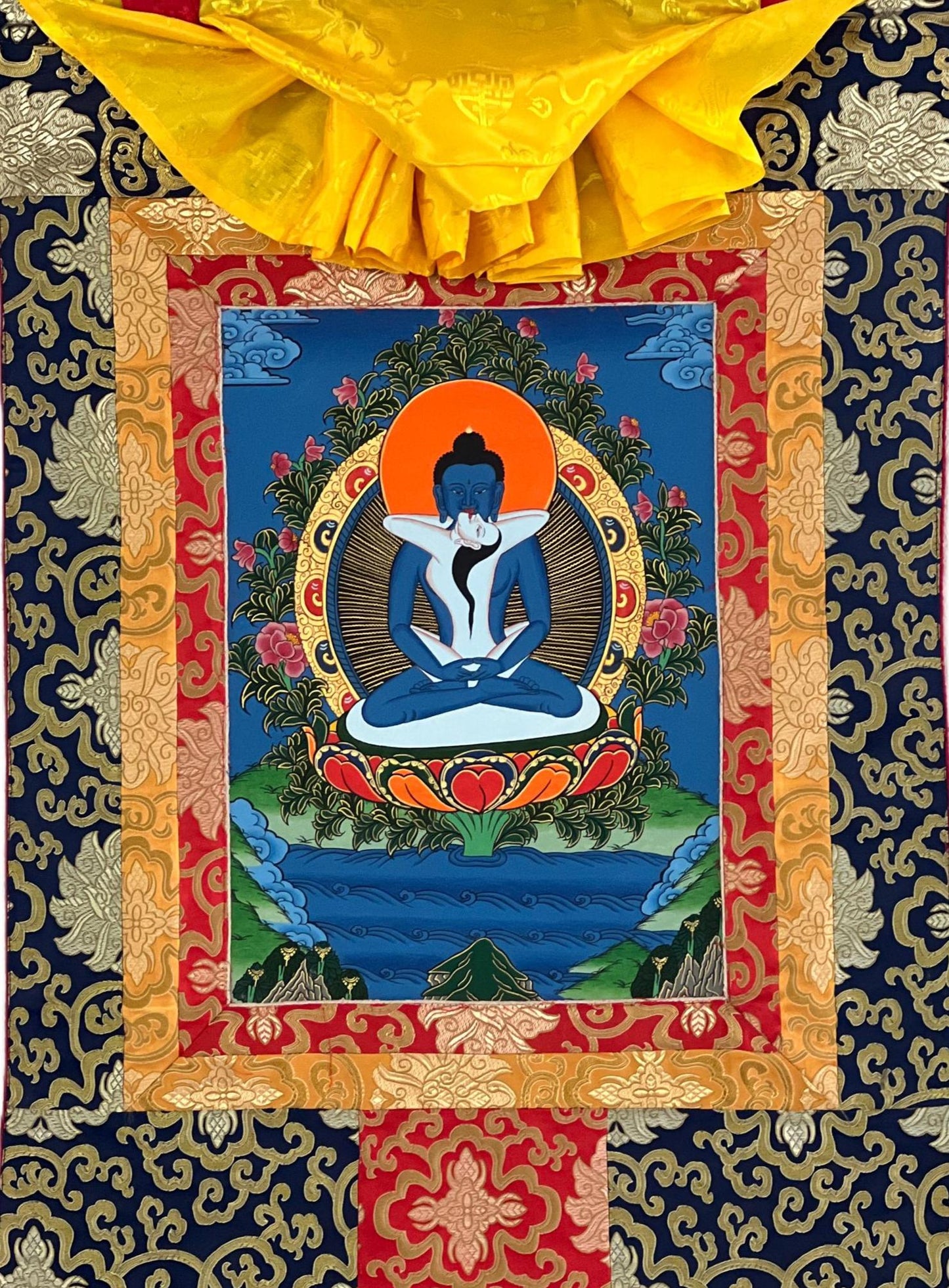 Original Hand-painted Samantabhadra/ Buddha Shakti/ Tantra Buddha Tibetan Thangka Painting with Silk Brocade