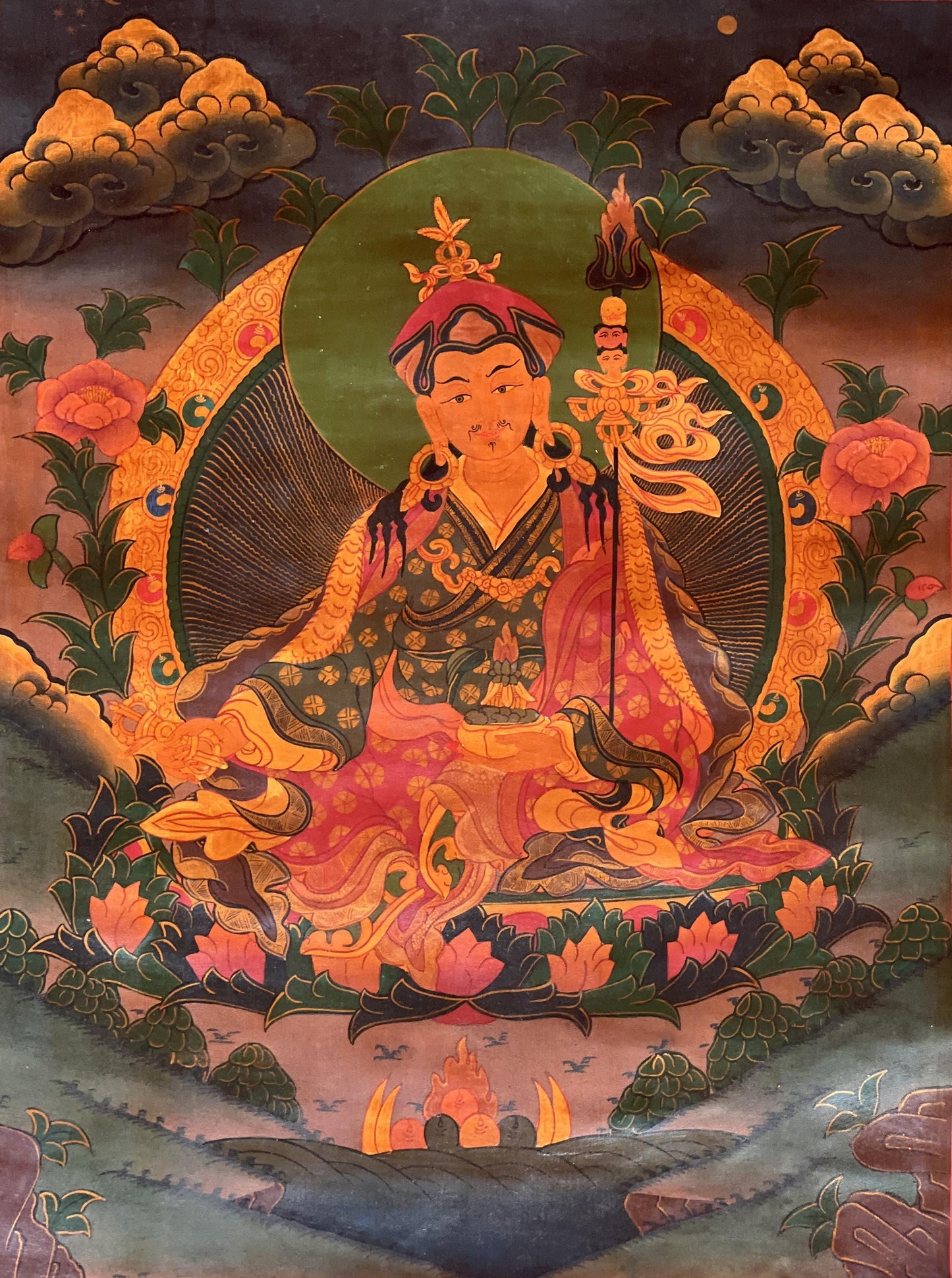 Hand-Painted Guru Rinpoche Thangka: Old Oil Varnished Tibetan Art
