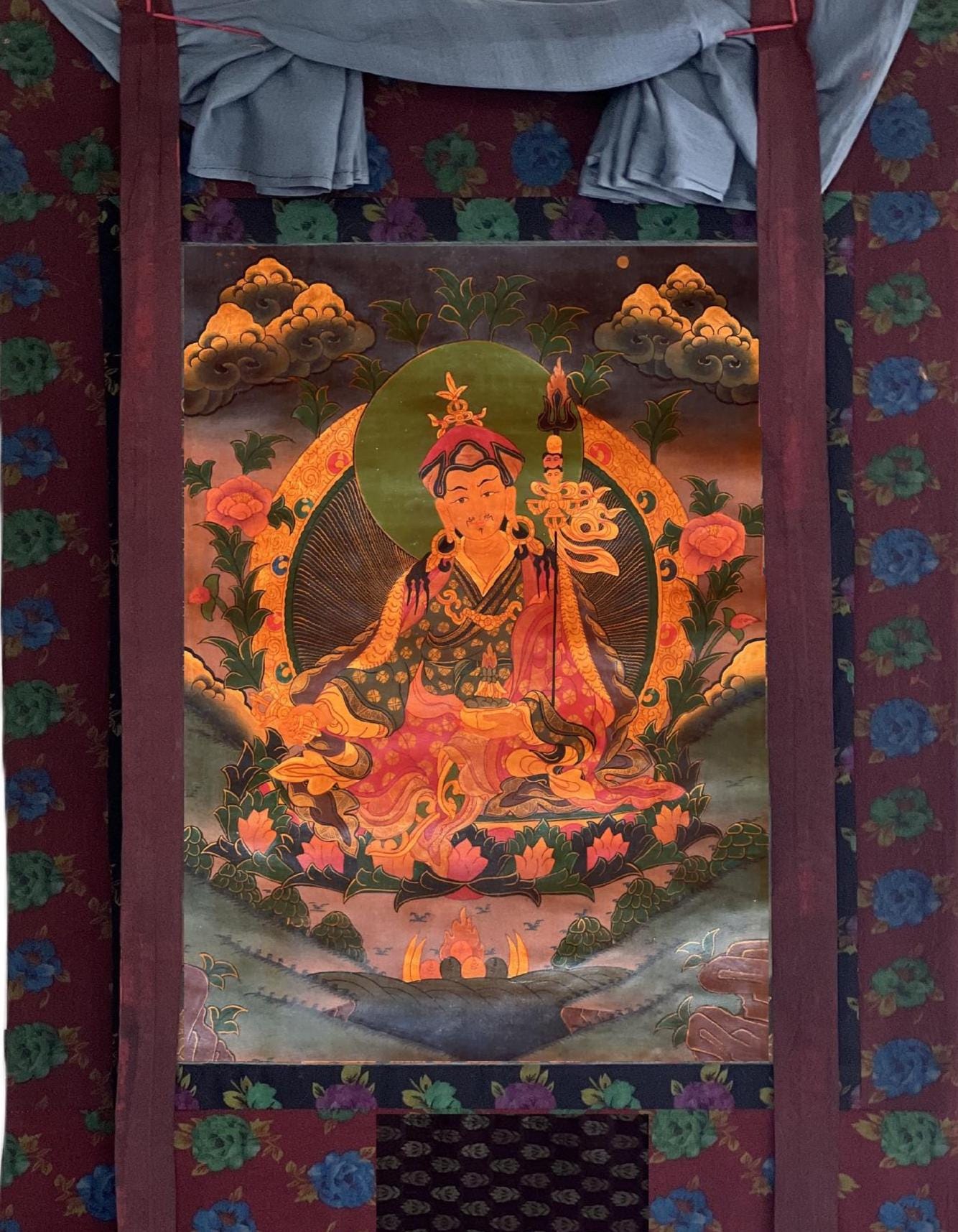 Hand-Painted Guru Rinpoche Thangka: Old Oil Varnished Tibetan Art