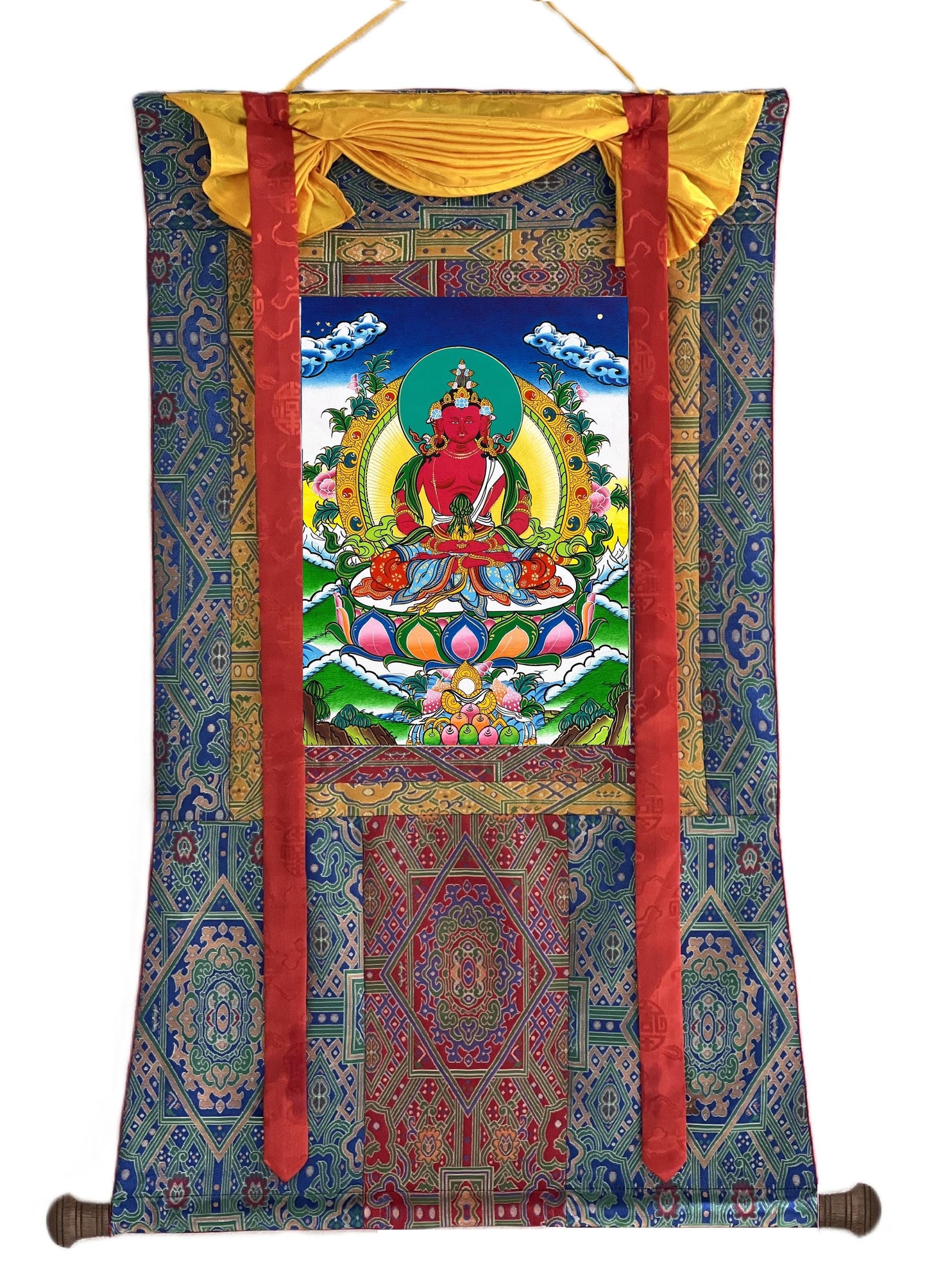 Hand Painted Amitayus Buddha Thangka, Tibetan Silk Wall Hanging