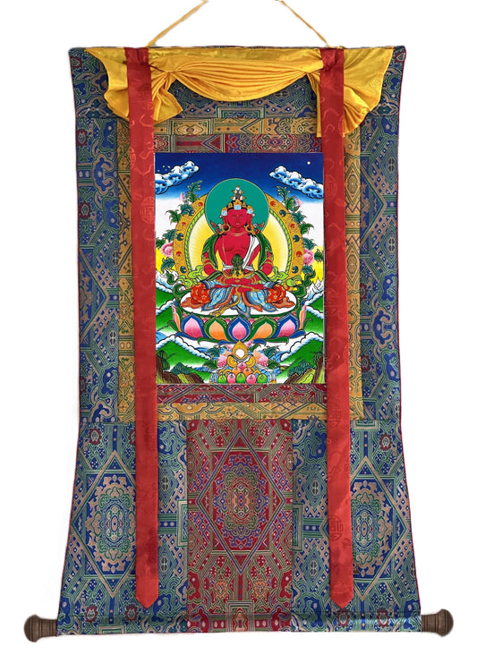 Hand Painted Amitayus Buddha Thangka, Tibetan Silk Wall Hanging