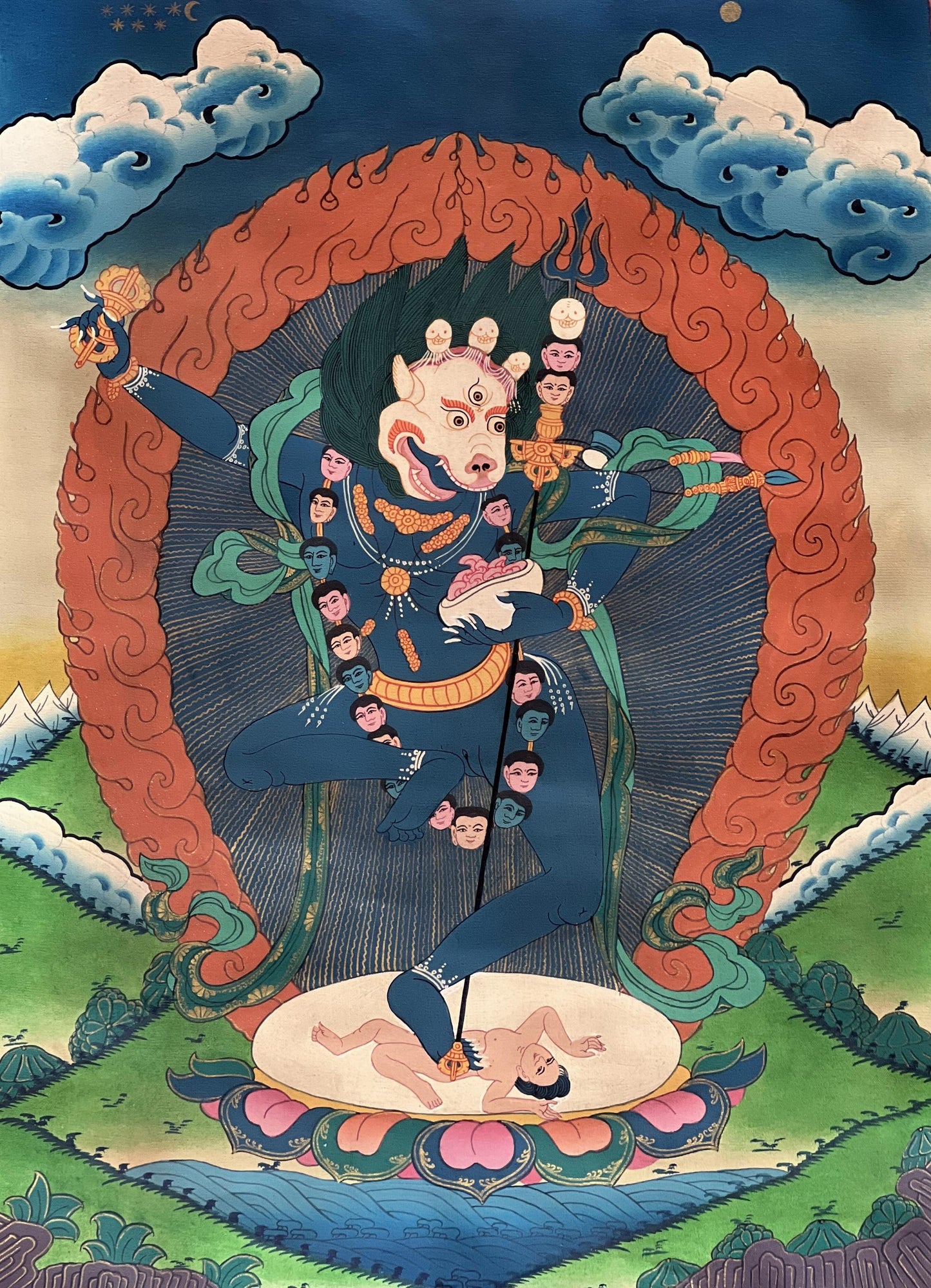 Hand-Painted Simhamukhi Thangka Painting with Silk Border, Tibetan Buddhist Art