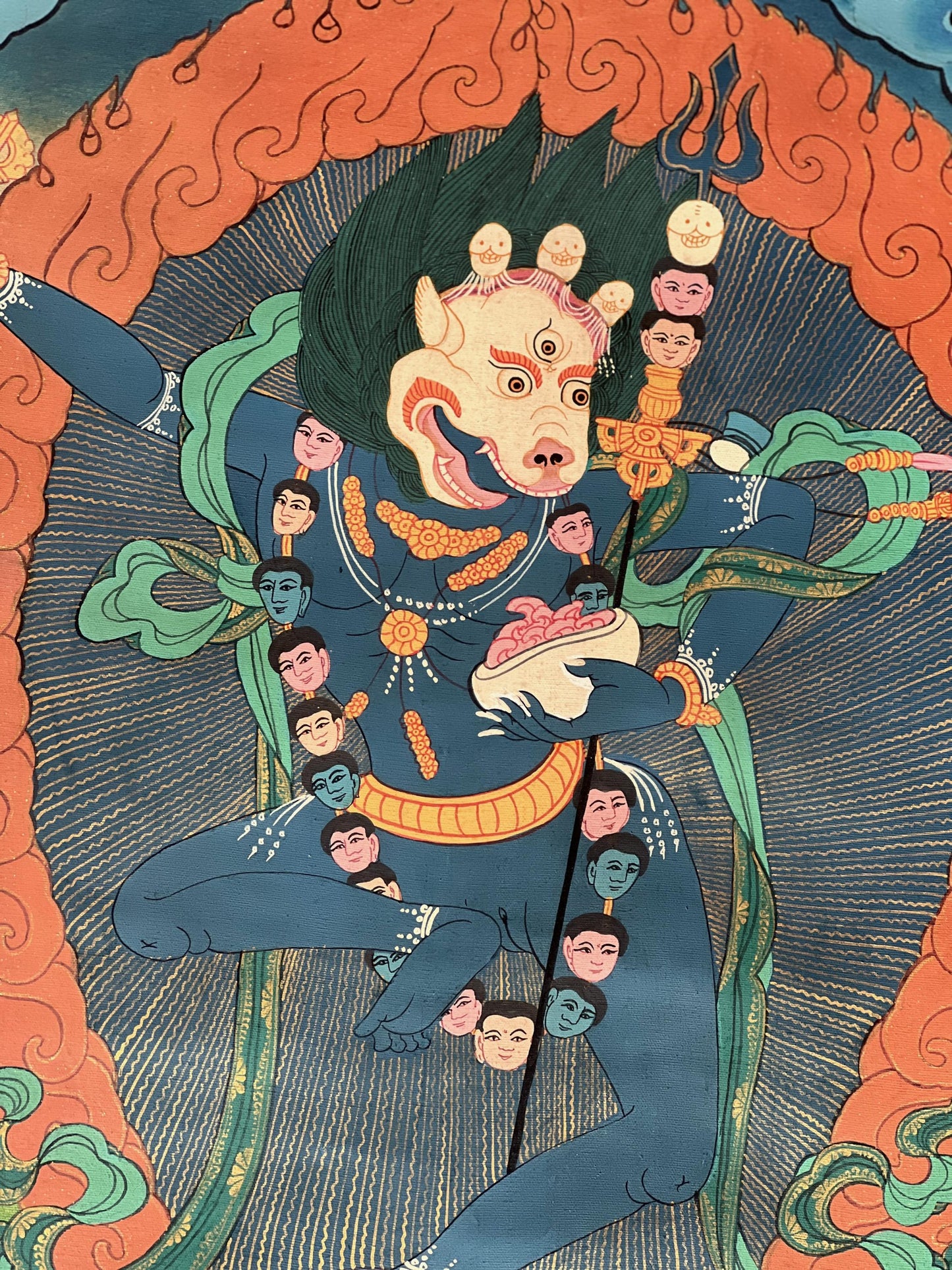 Hand-Painted Simhamukhi Thangka Painting with Silk Border, Tibetan Buddhist Art