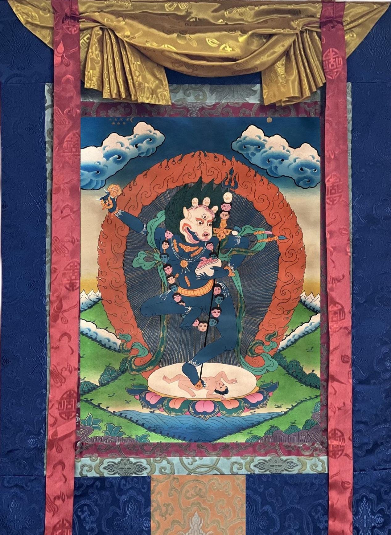 Hand-Painted Simhamukhi Thangka Painting with Silk Border, Tibetan Buddhist Art
