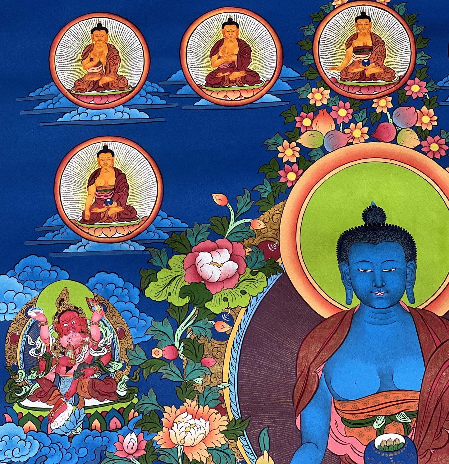 Large Hand-Painted Eight Medicine Buddha Thangka | Tibetan Art | Spiritual Home Decor | Unique Wall Hanging