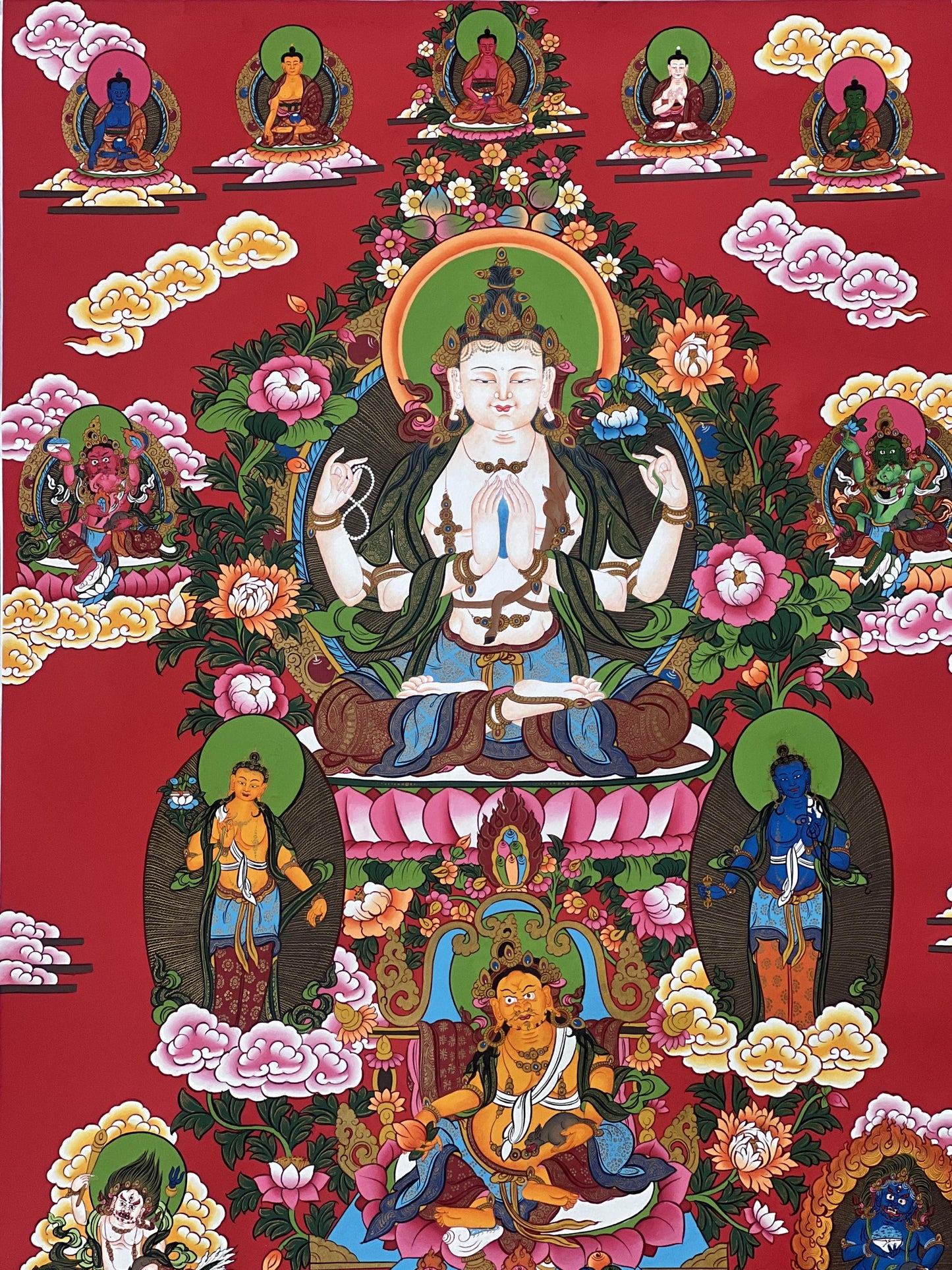 Hand-Painted Four-Armed Chenrezig Thangka with Pancha Buddhas - LARGE Tibetan Compassion Buddha Art