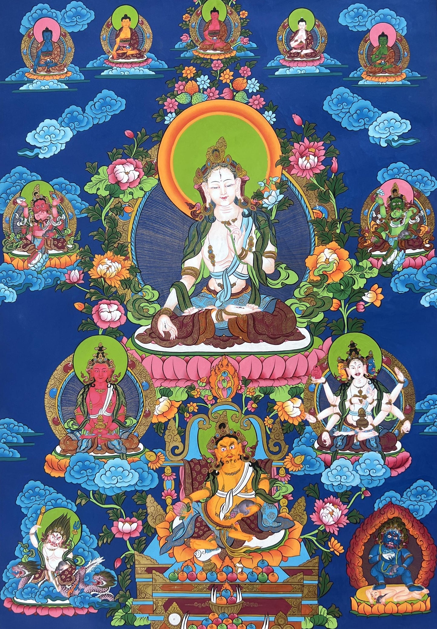 Large White Tara Thangka with Pancha Buddhas | Hand-Painted Tibetan Compassion Goddess Art