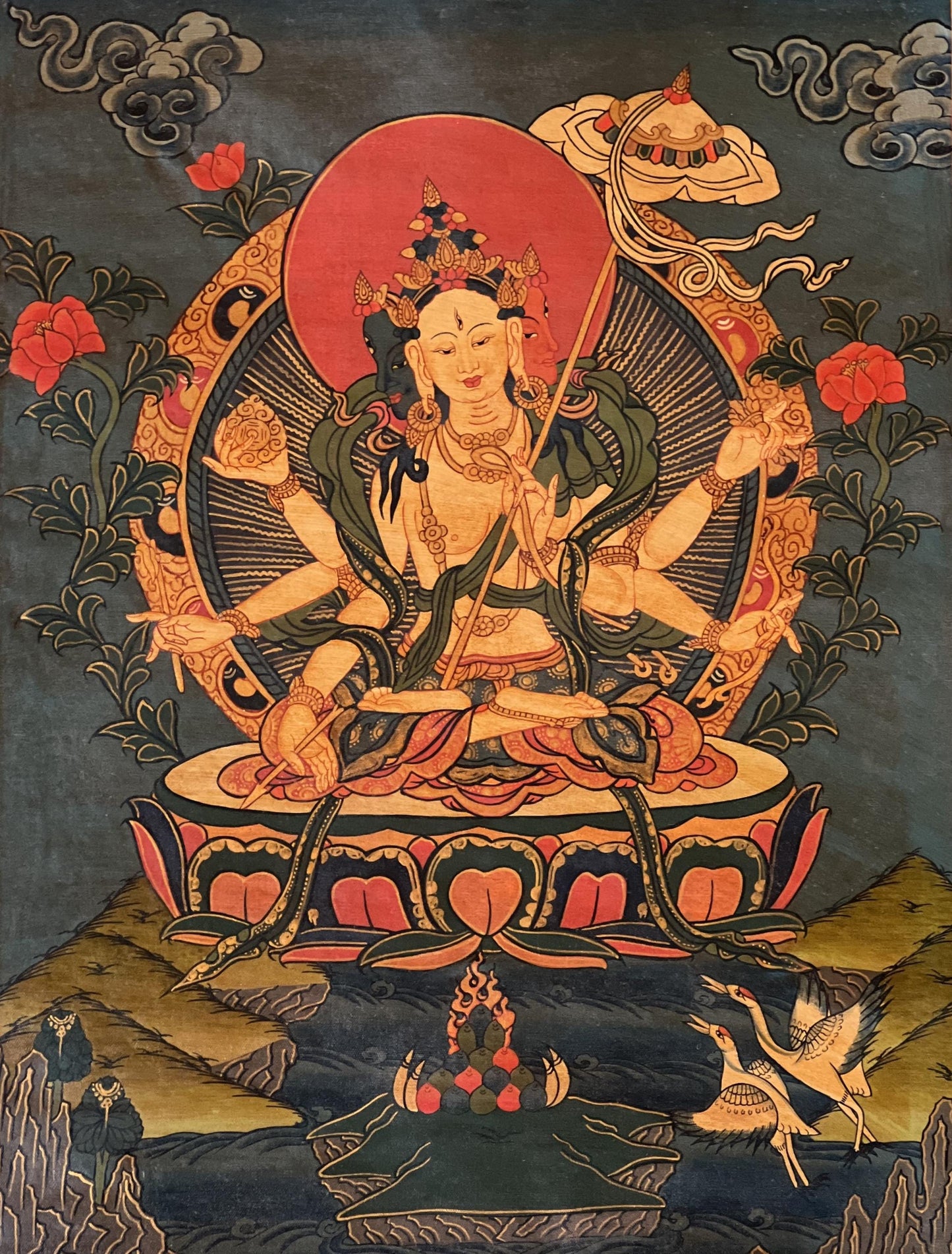 Ushnisha Sitatapatra Thangka Painting: Old Oil Varnished Tibetan Art with Silk Brocade
