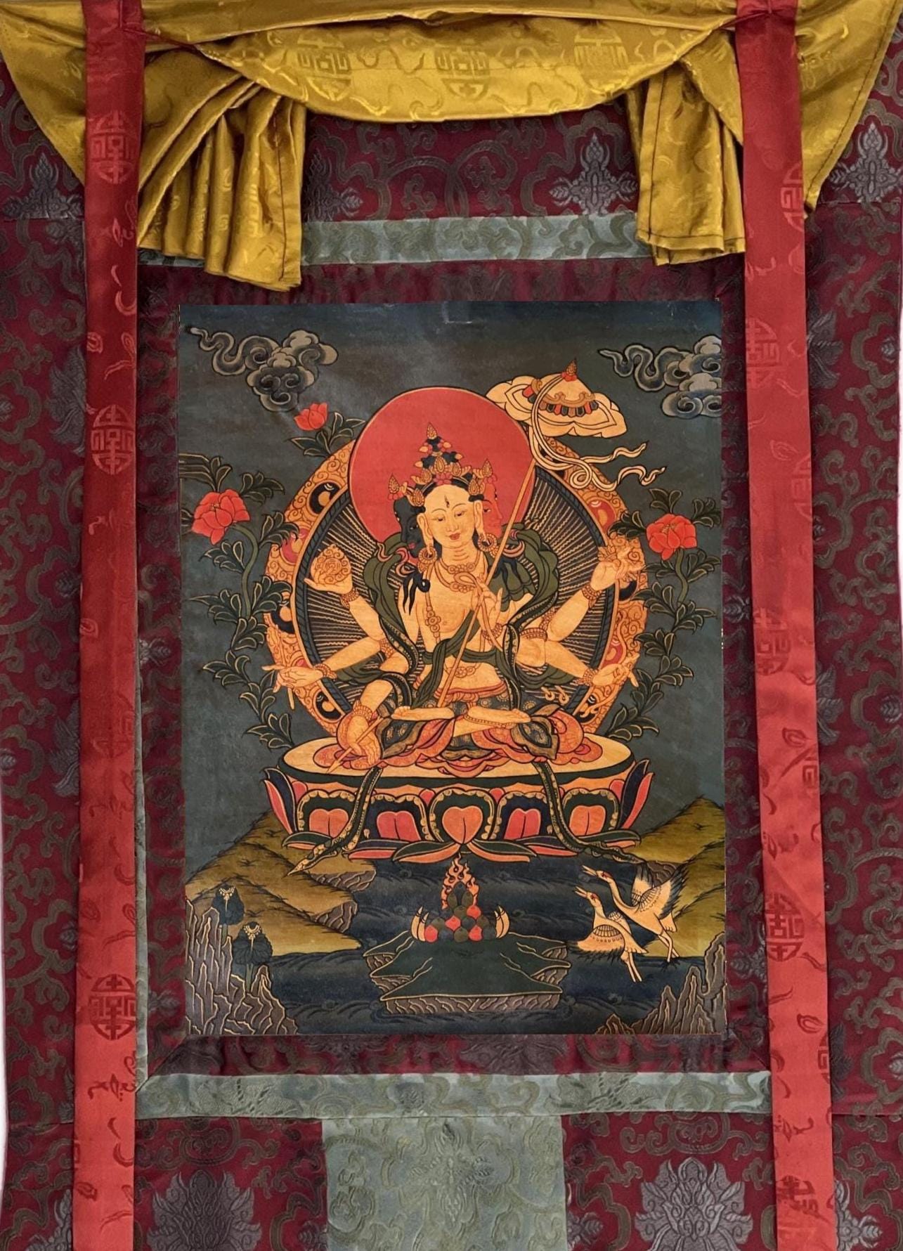 Ushnisha Sitatapatra Thangka Painting: Old Oil Varnished Tibetan Art with Silk Brocade