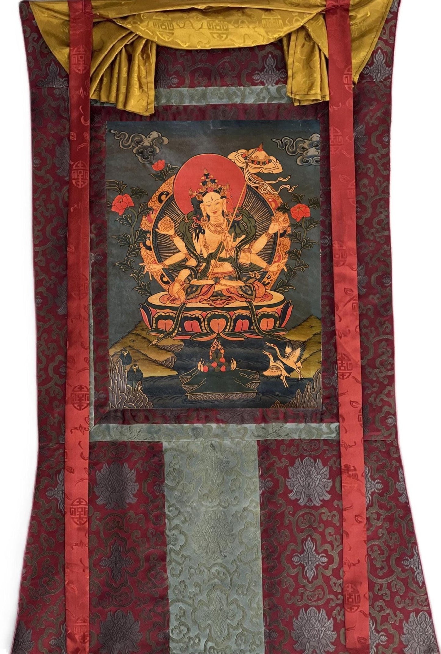 Ushnisha Sitatapatra Thangka Painting: Old Oil Varnished Tibetan Art with Silk Brocade