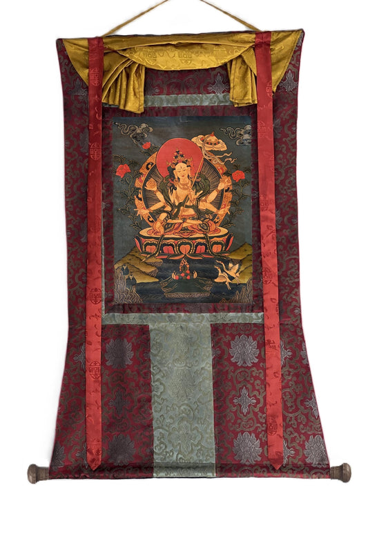Ushnisha Sitatapatra Thangka Painting: Old Oil Varnished Tibetan Art with Silk Brocade