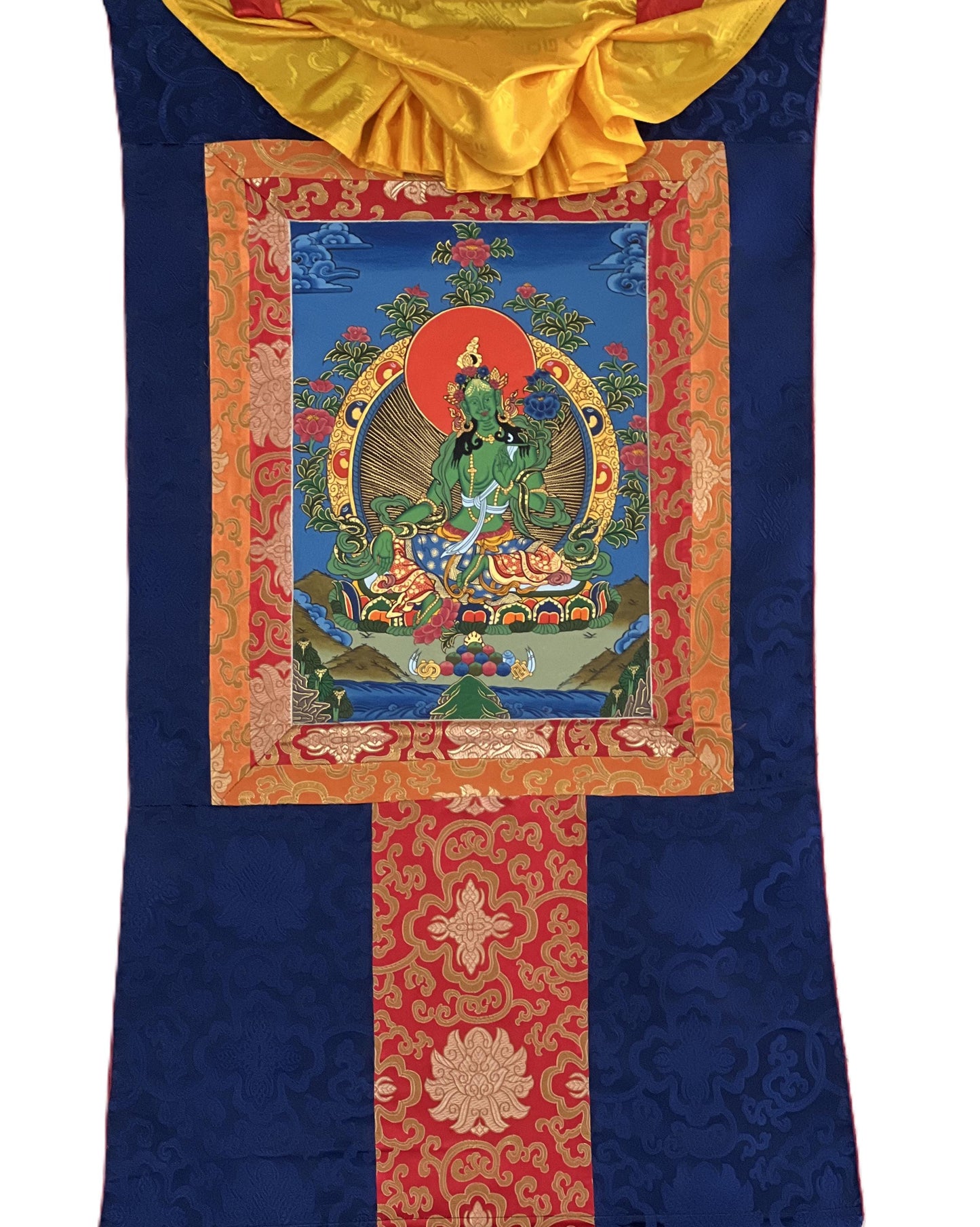 Hand-Painted Green Tara Thangka with Traditional Silk Brocade