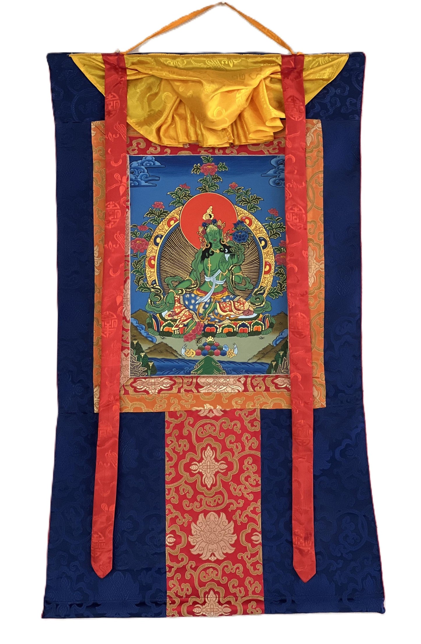 Hand-Painted Green Tara Thangka with Traditional Silk Brocade