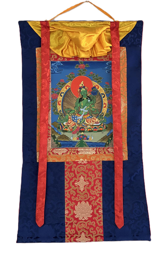 Hand-Painted Green Tara Thangka with Traditional Silk Brocade