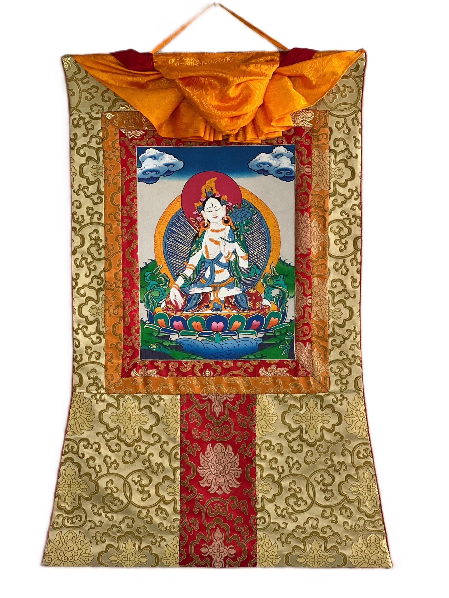 Hand-Painted White Tara Thangka: Mother Goddess, Tibetan Wall Hanging