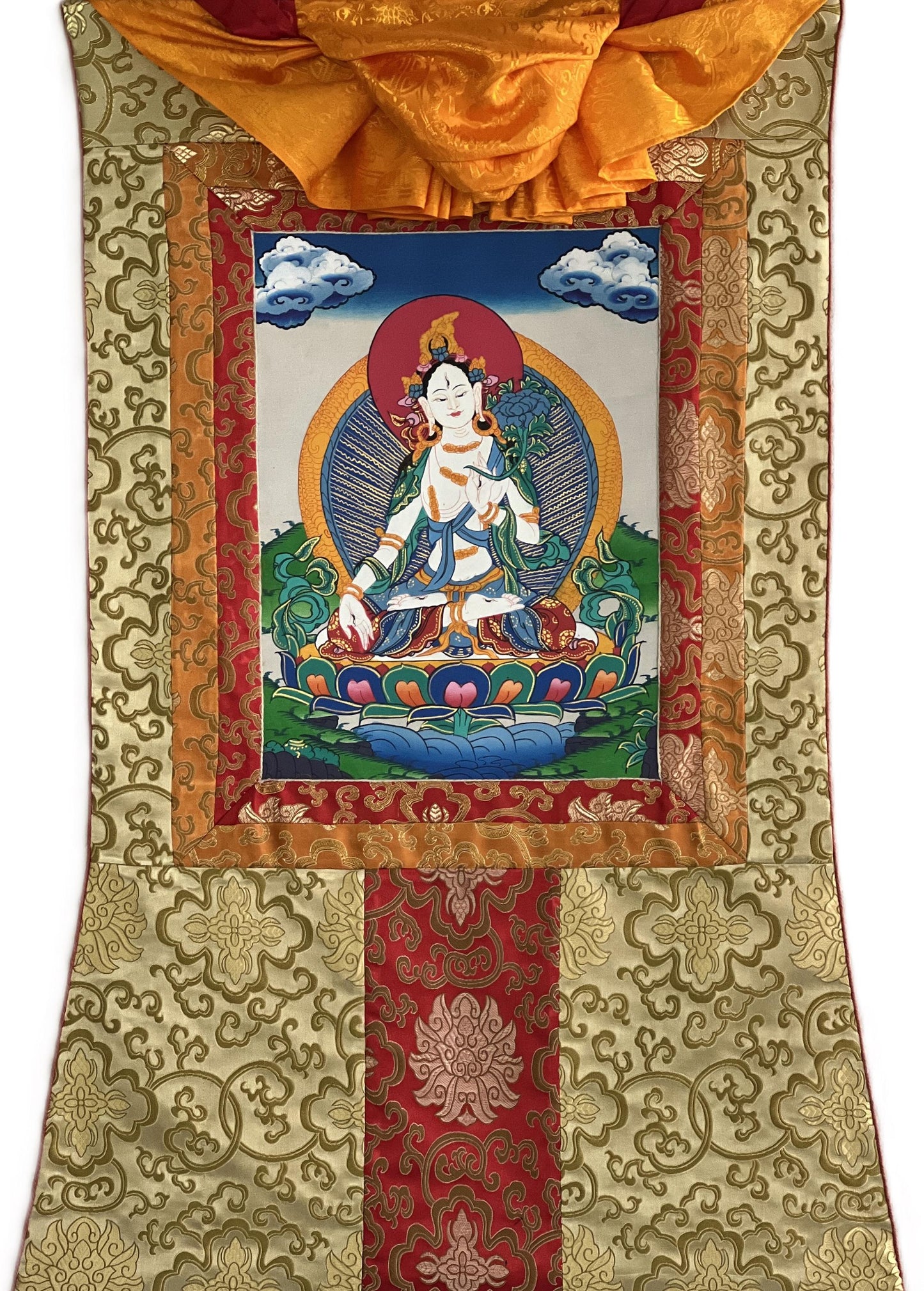 Hand-Painted White Tara Thangka: Mother Goddess, Tibetan Wall Hanging