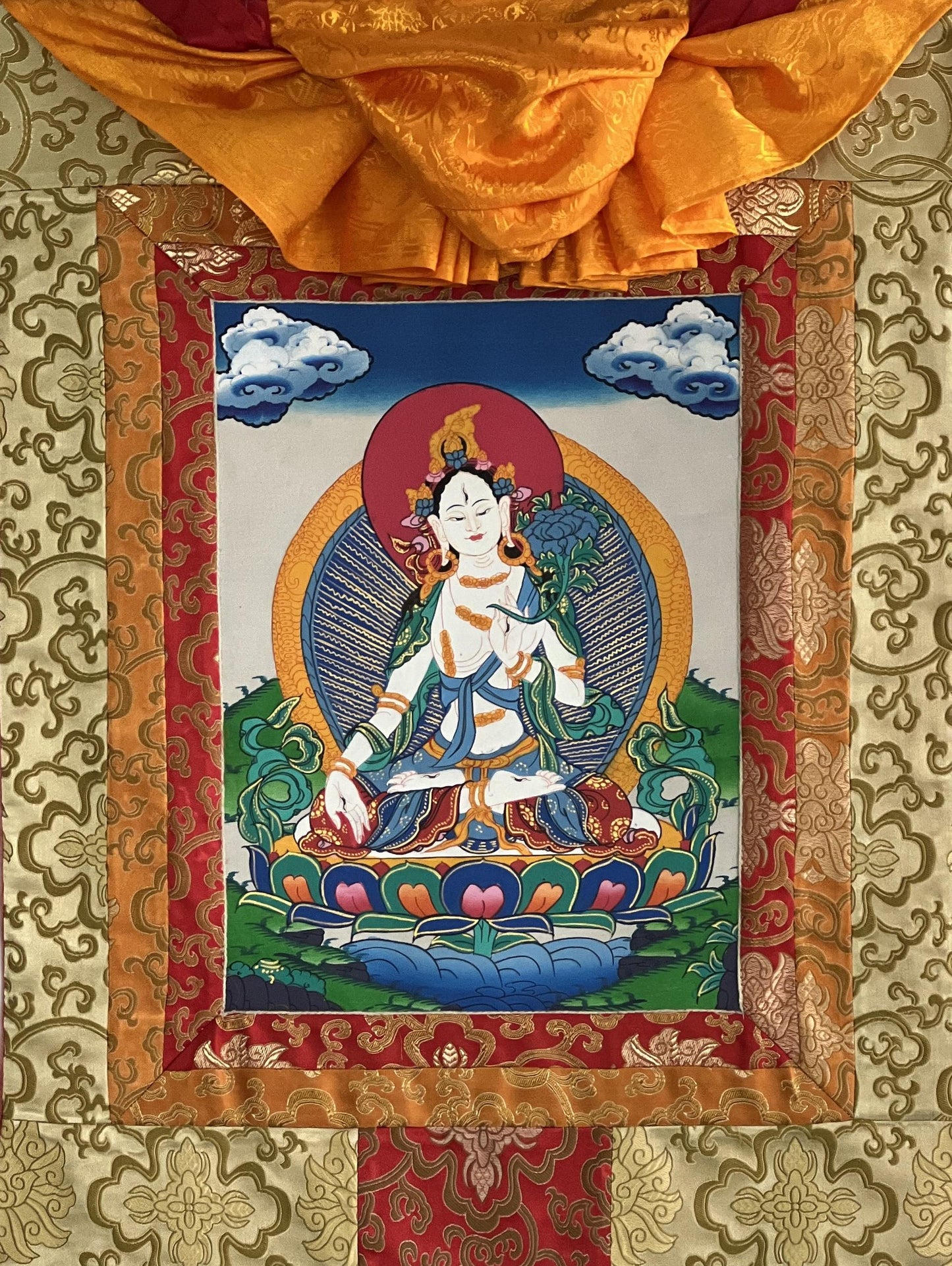 Hand-Painted White Tara Thangka: Mother Goddess, Tibetan Wall Hanging