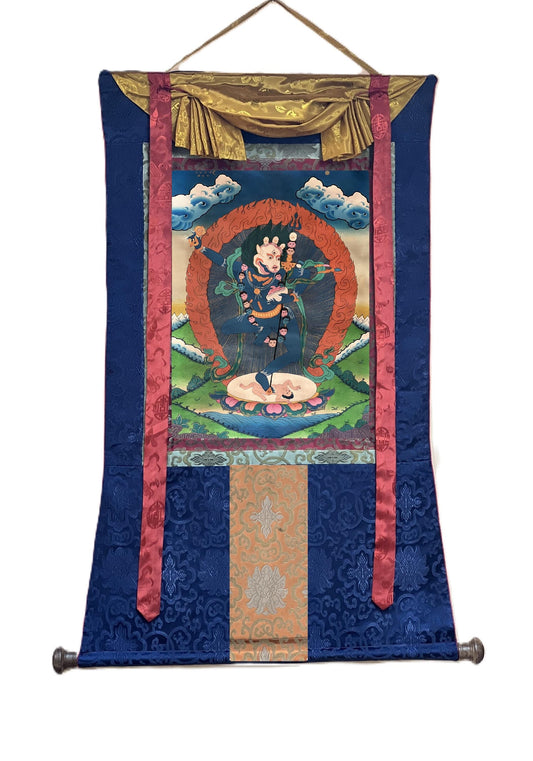 Hand-Painted Simhamukhi Thangka Painting with Silk Border, Tibetan Buddhist Art