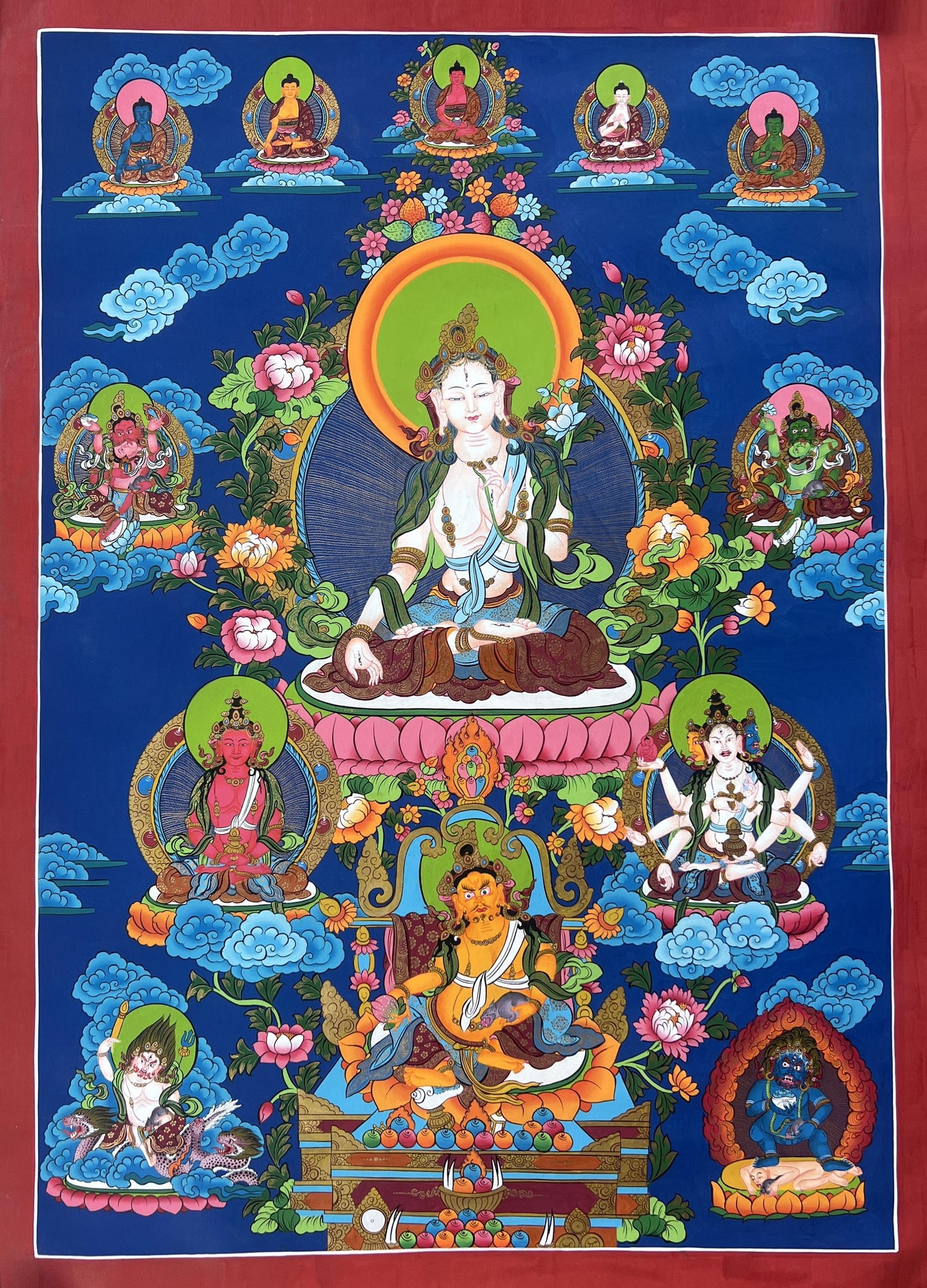 Large White Tara Thangka with Pancha Buddhas | Hand-Painted Tibetan Compassion Goddess Art