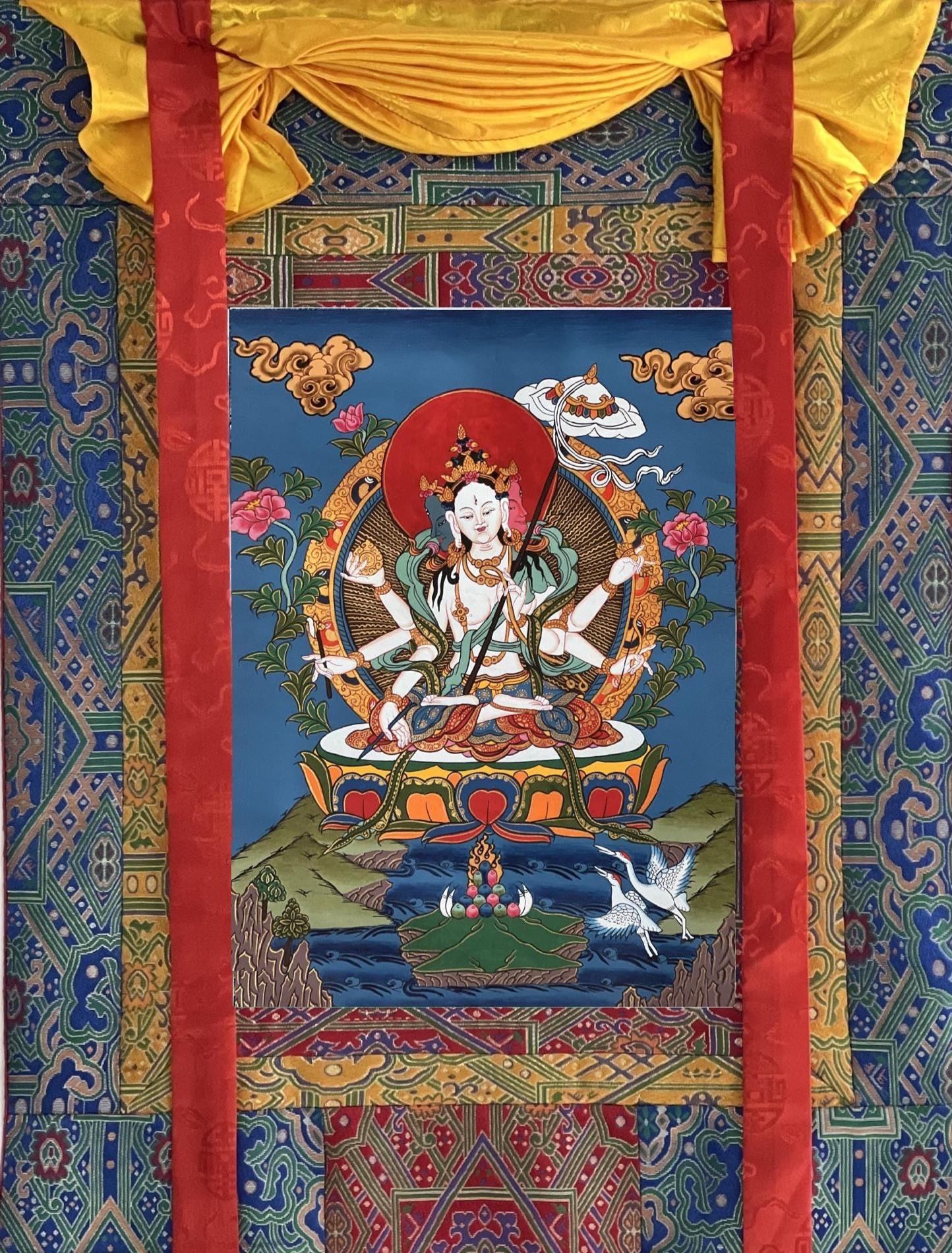 Hand-Painted Sitatapatra Thangka Painting with Silk Brocade