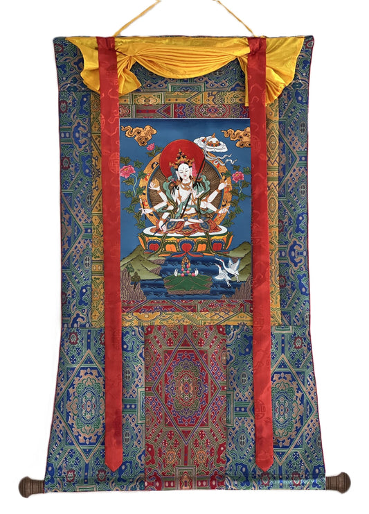 Hand-Painted Sitatapatra Thangka Painting with Silk Brocade
