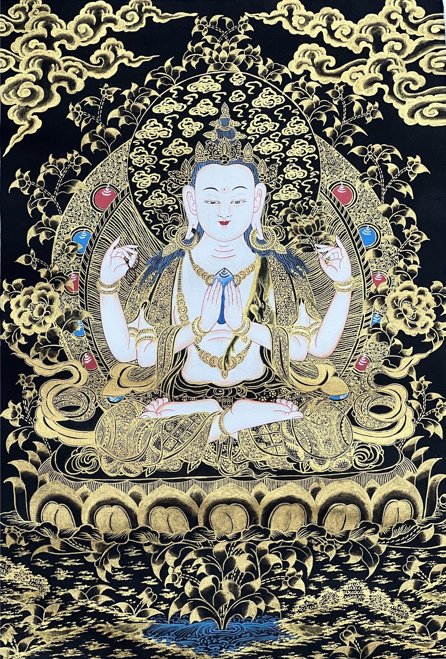Chenrezig Black & Gold Thangka | Hand-Painted Avalokiteshvara Tibetan Art with Silk Brocade