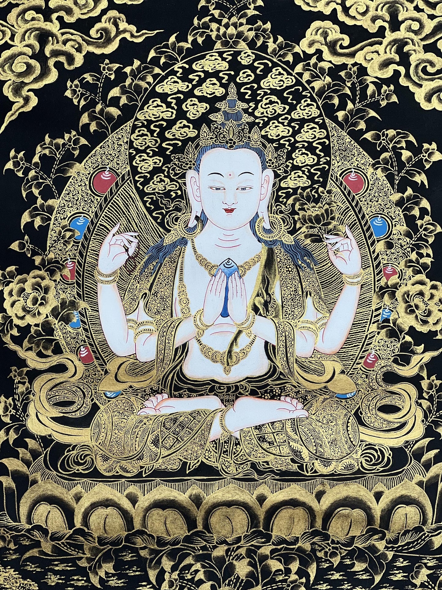 Chenrezig Black & Gold Thangka | Hand-Painted Avalokiteshvara Tibetan Art with Silk Brocade
