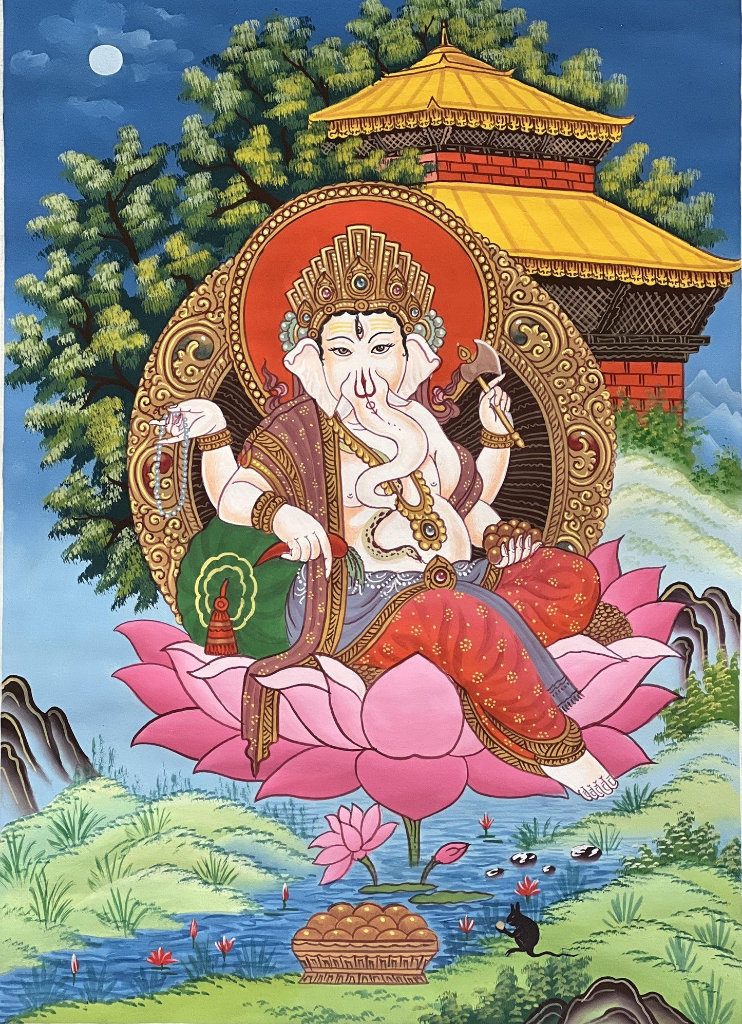 Original Hand-Painted Four-Armed Ganesha Wall Art | Hindu God Thanka Painting | Silk Brocade Framed