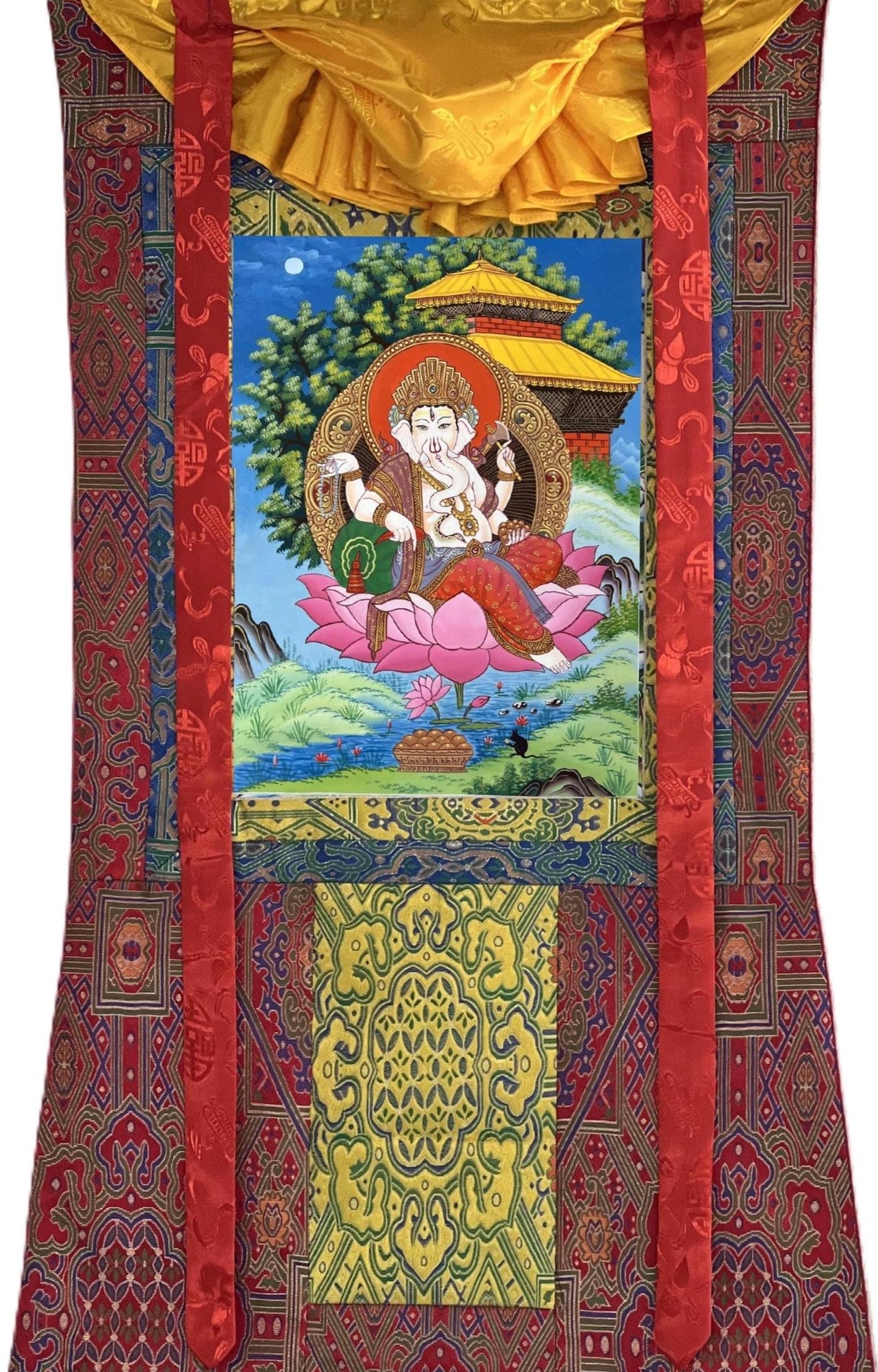 Original Hand-Painted Four-Armed Ganesha Wall Art | Hindu God Thanka Painting | Silk Brocade Framed