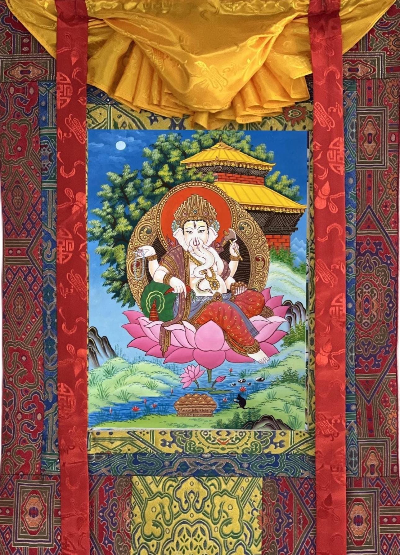 Original Hand-Painted Four-Armed Ganesha Wall Art | Hindu God Thanka Painting | Silk Brocade Framed