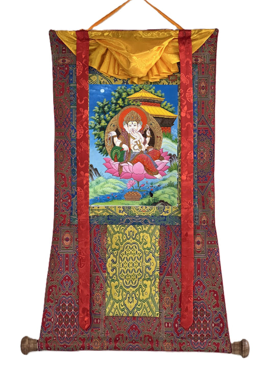 Original Hand-Painted Four-Armed Ganesha Wall Art | Hindu God Thanka Painting | Silk Brocade Framed
